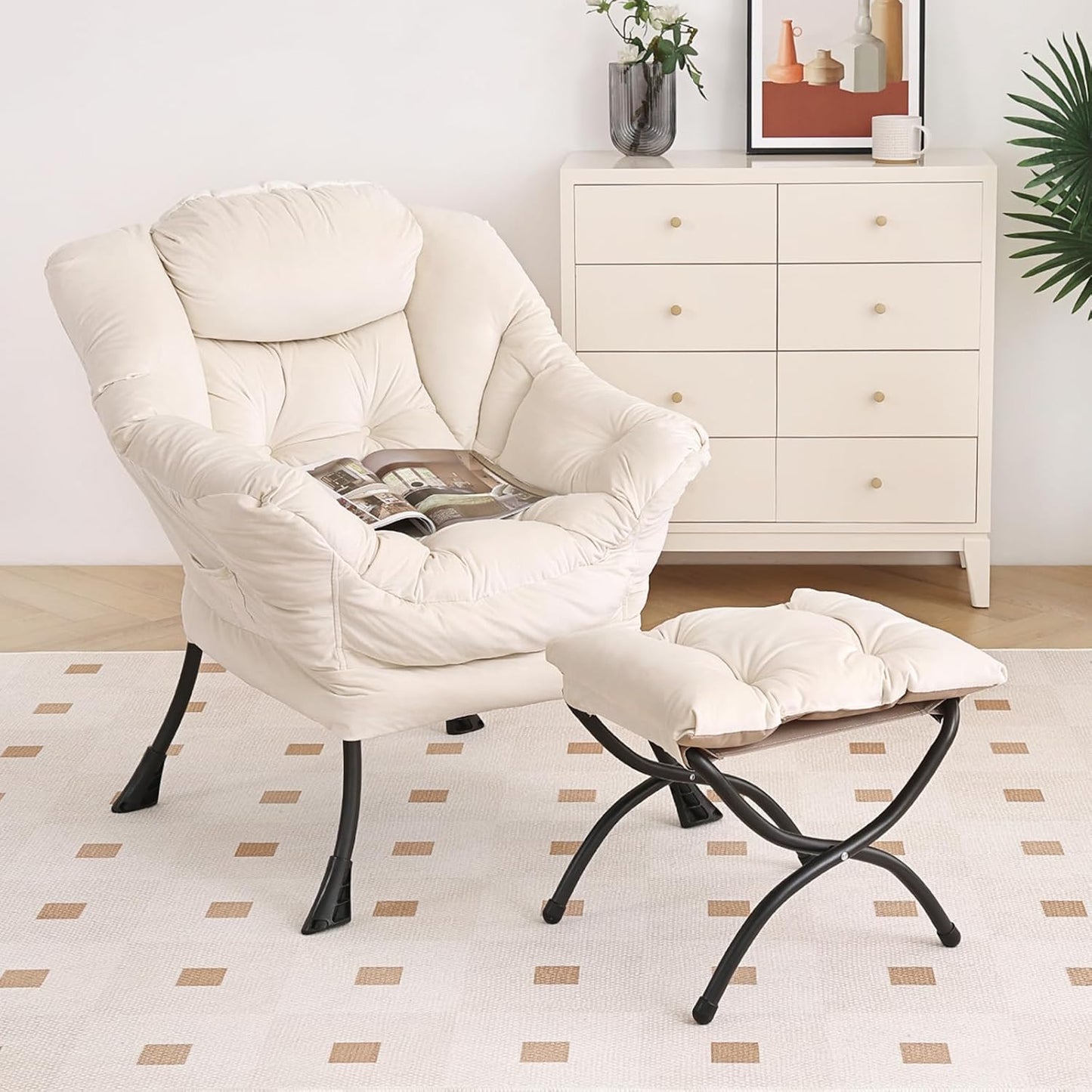 Lazy Chair with Ottoman, Modern Chair with Folding Footrest, Lounge Accent Chair, Comfortable Reading Chair, Oversized Armchairs for Bedroom, Study, Living Room, Courtyard (Beige)