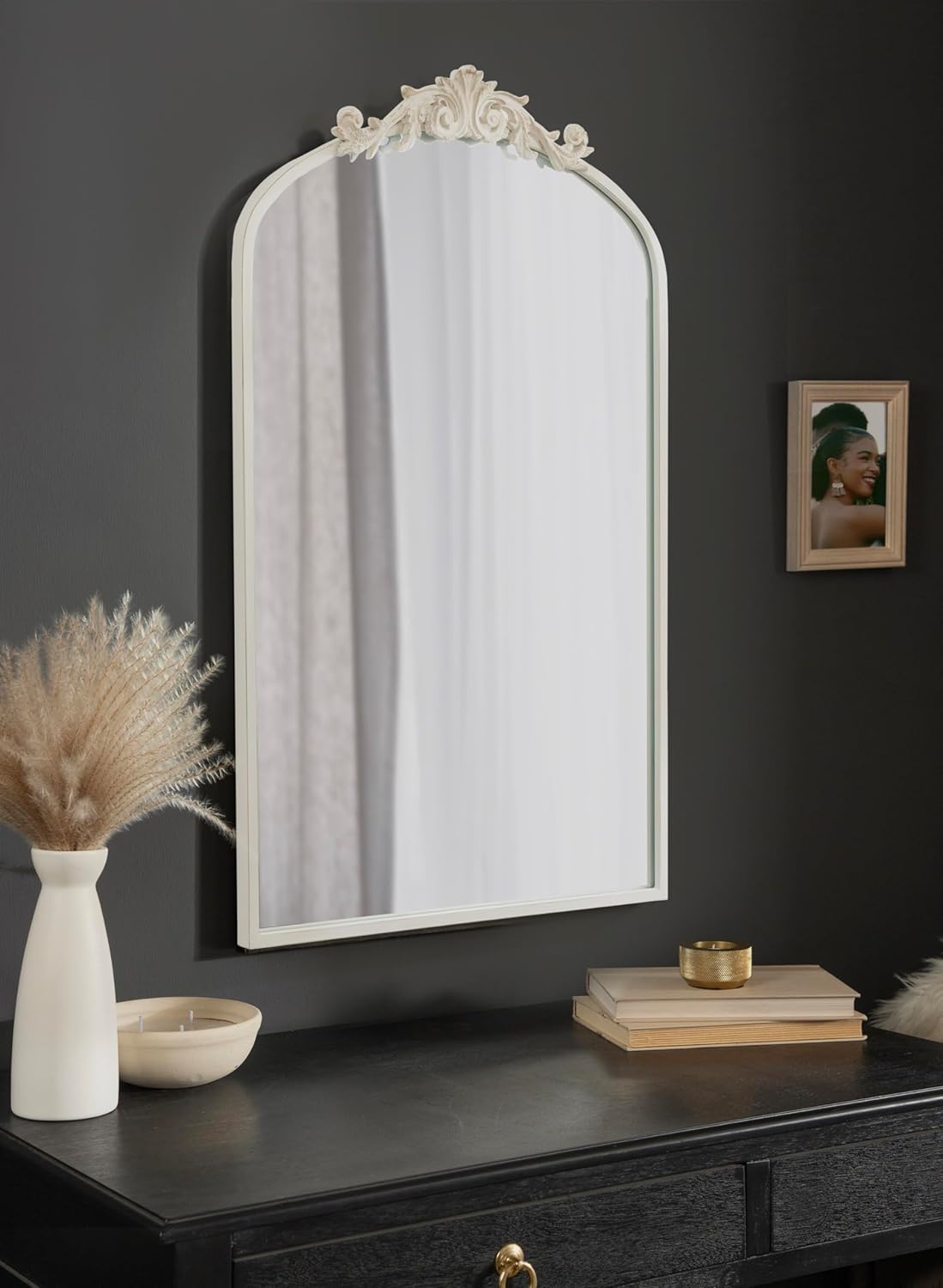 Kate and Laurel Arendahl Traditional Arch Wall Mirror; 24 x 36; Antique White; Vintage Glam Baroque-Inspired Arched Bathroom Vanity Mirror with Ornate Crown