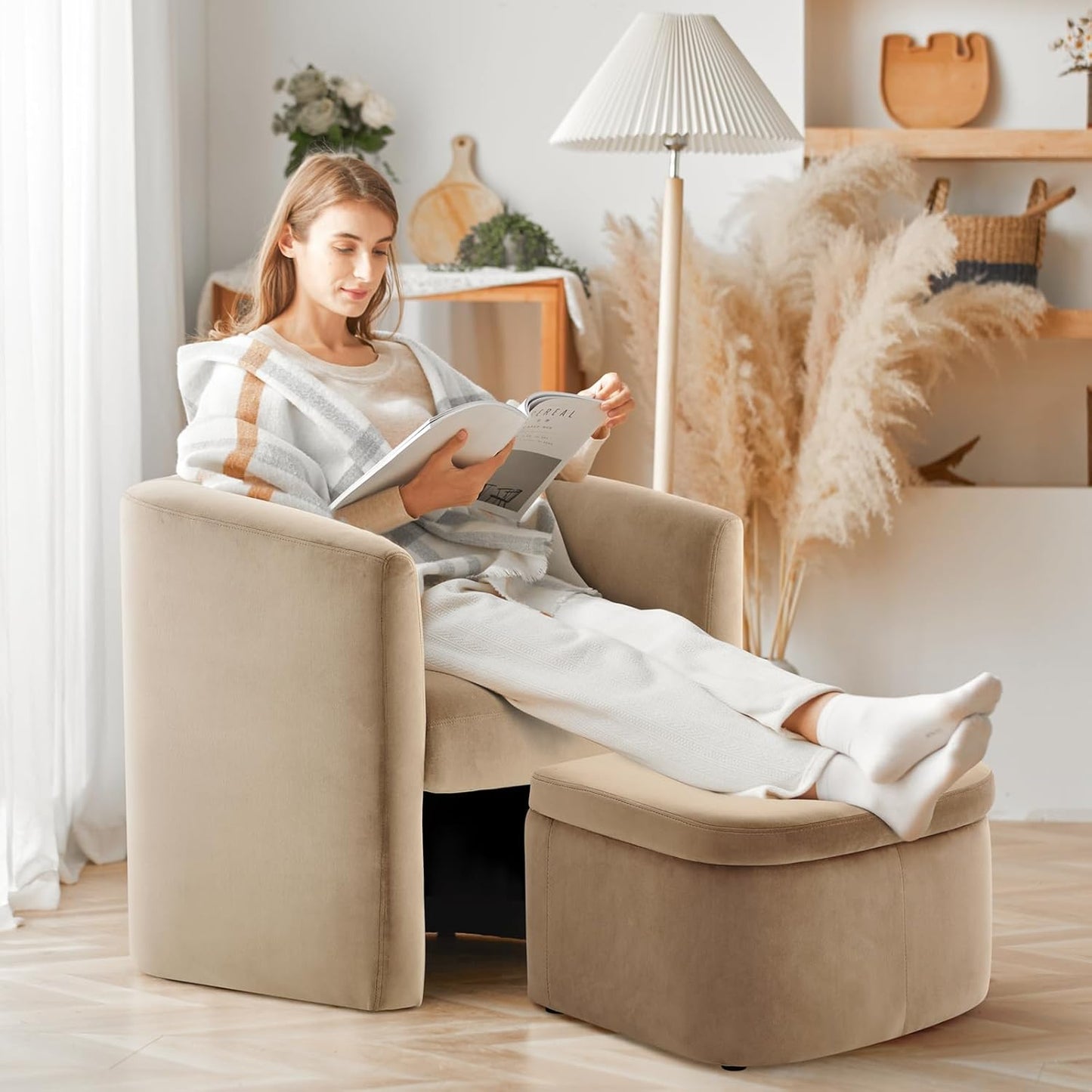 COLAMY Upholstered Velvet Barrel Accent Chair with Storage Ottoman, Morden Living Room Chair with Lounge Seat for Bedroom/Reading Spaces, Khaki