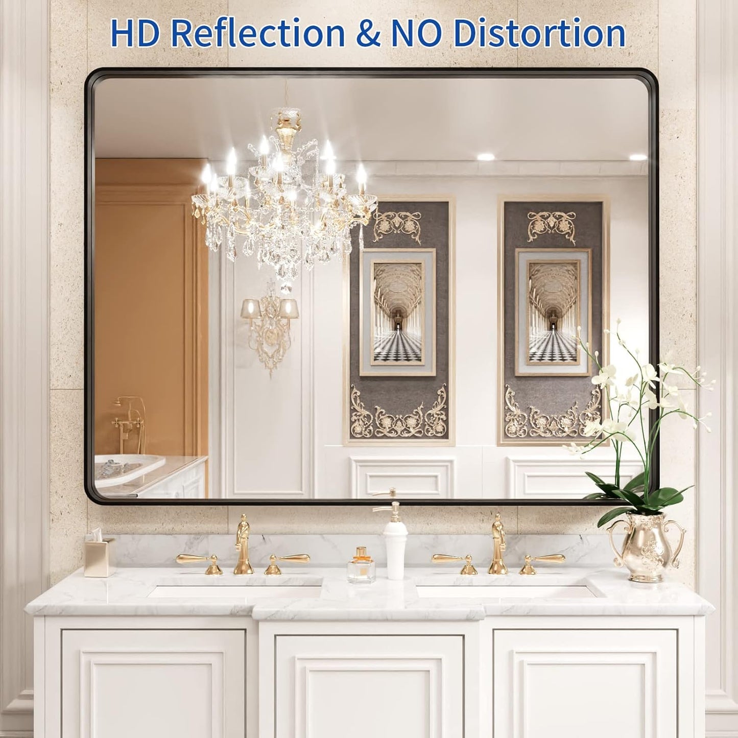 WEER Black Framed Mirror for Bathroom, 40x32 Inch Matte Black Bathroom Vanity Mirror, Rectangular Black Metal Framed Wall Mirror with Tempered Glass, Rounded Corner, Anti-Rust (Horizontal/Vertical)