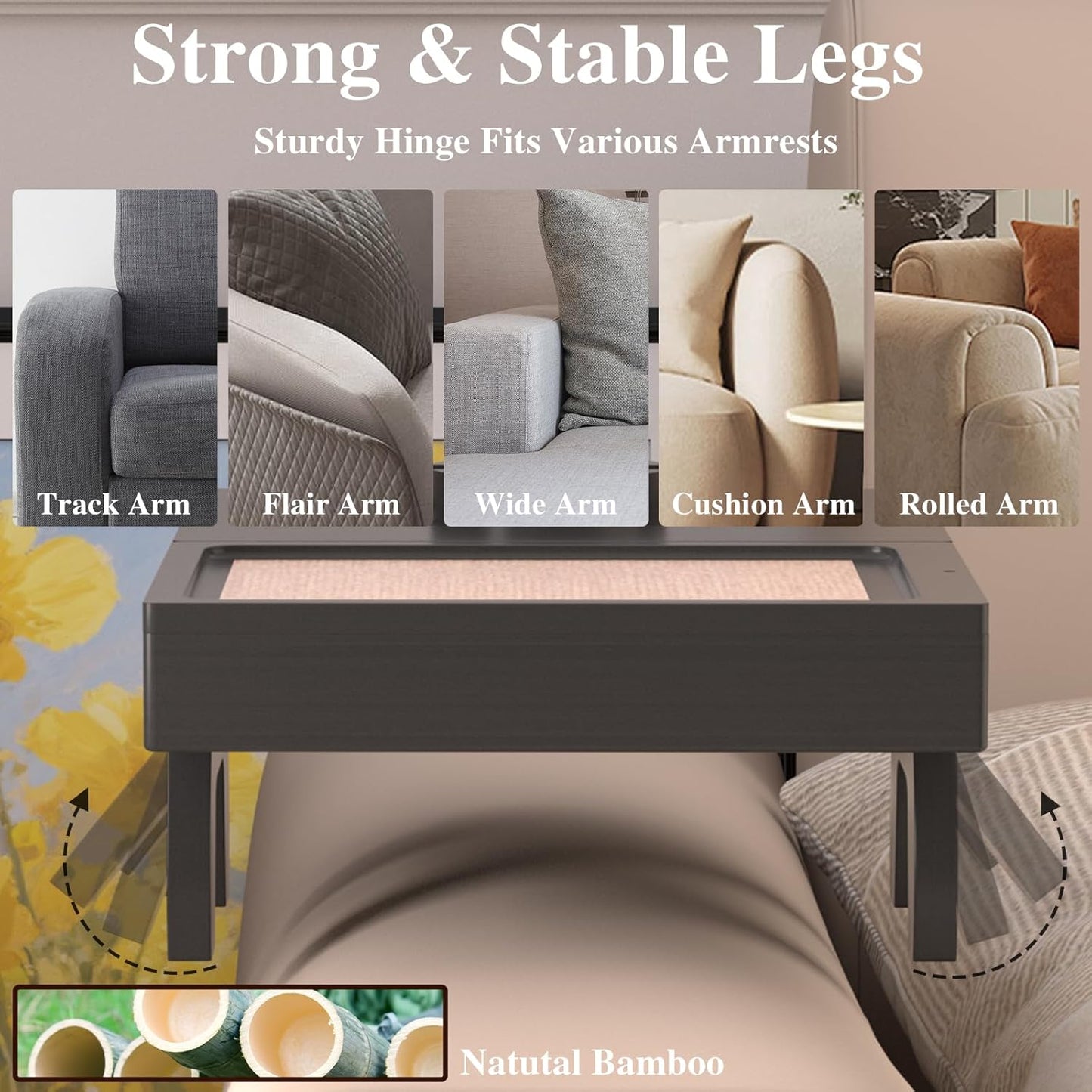 Bamboo Couch Armrest Table with Couch Cup Rest,Non-Slip Armrest Tray Table for Couch,Adjustable Sofa Table with Rotating Phone Holder,Perfect for Living Room and Dining,Black