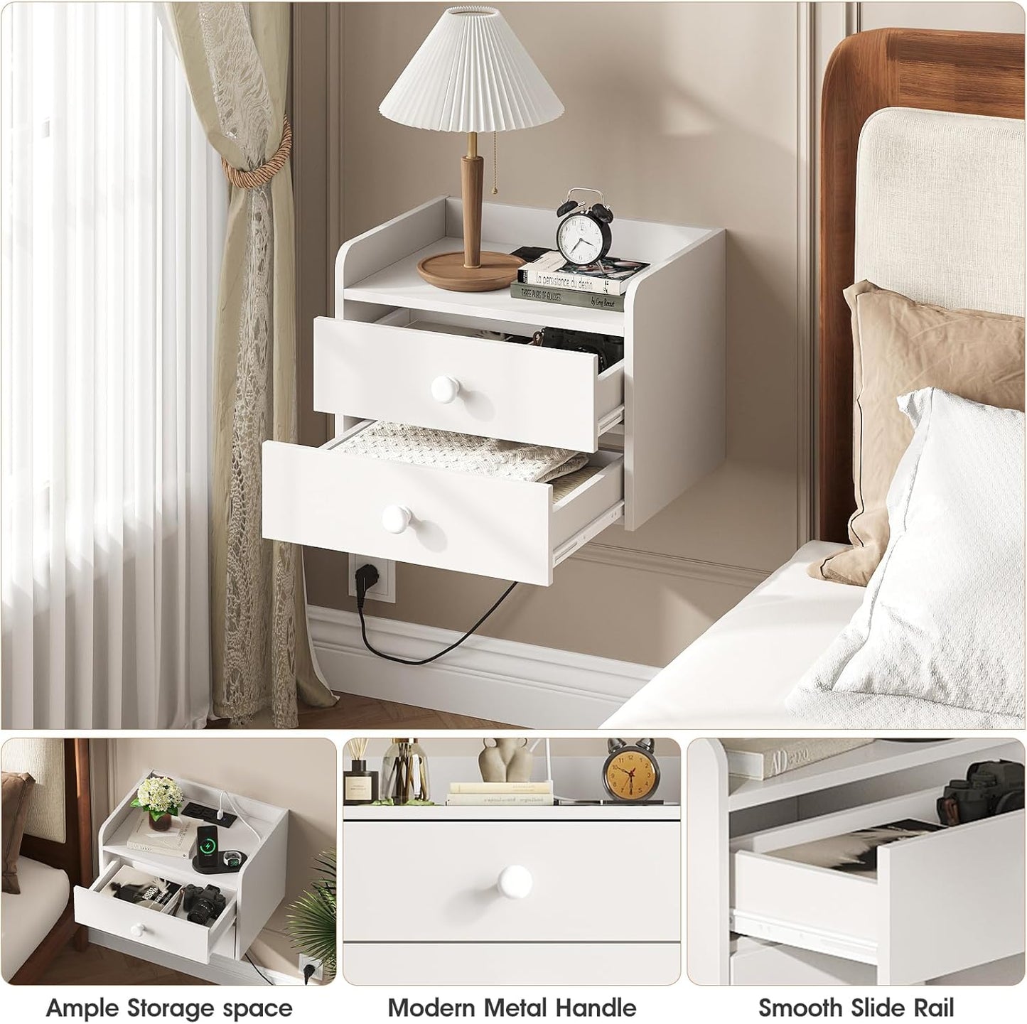 Floating Nightstand Set of 2 with 2 Storage Drawers and Charging Station Wood Wall Mounted Bedside End Table Modern Night Stands Set 2 for Bedroom,Small Space,White