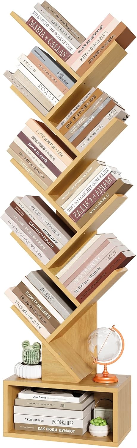 Hoctieon 9 Tier Tree Bookshelf, Tall Bookcase with Drawer, Wood Book Shelf, Modern Floor Standing Bookshelves, Book Organizer Shelves for Bedroom, Living Room, Home Office, Yellow