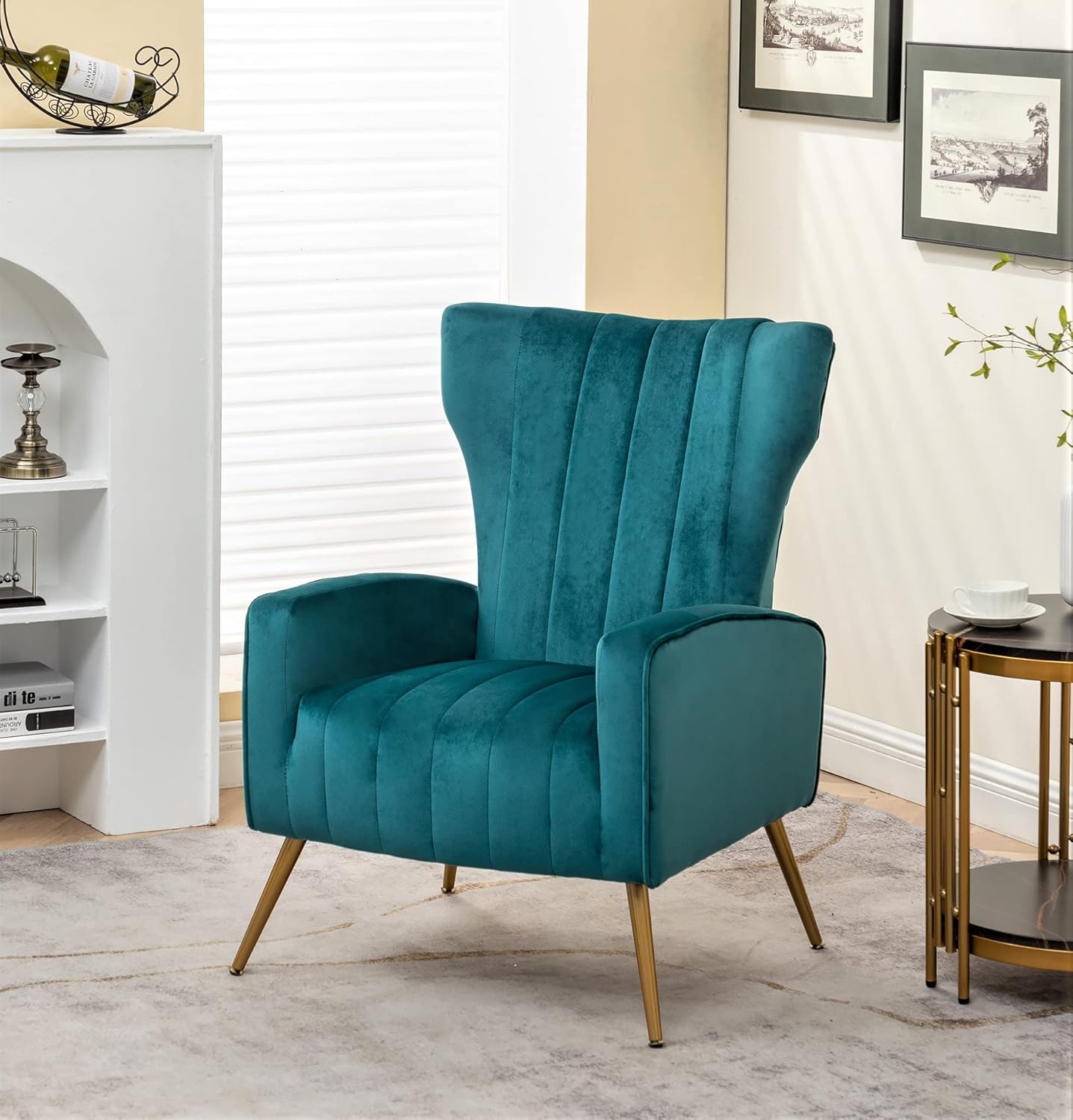 Container Furniture Direct Modern Velvet Accent Chair, Channel Tufted Bedroom, Office or Living Room Furniture with Elegant Metal Legs, 26" Wide Armchair, Blueish Green