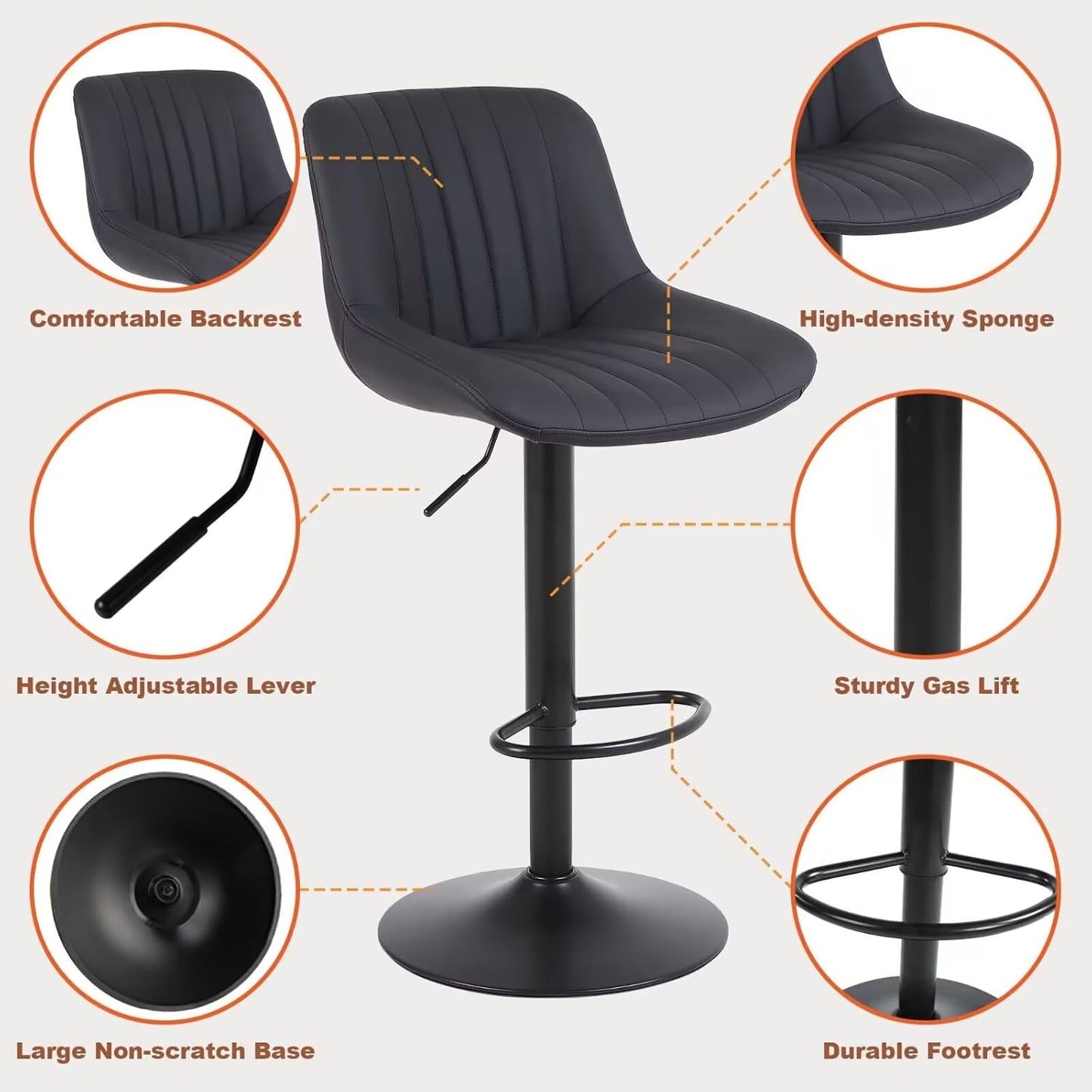 Bar Stools Set of 4, Swivel Counter Height Barstools with Back, Adjustable PU Leather Bar Chairs, Modern Armless Kitchen Island Stool, Black