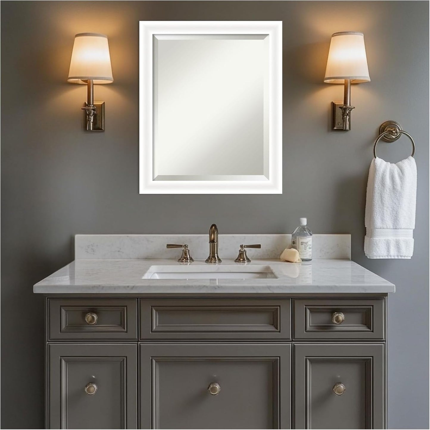 Amanti Art White Bathroom Mirror for Over Sink, 23x19 Oliver White Narrow Rectangle Vanity Mirror, Small Modern Wood Frame, Hangs Horizonally and Vertically, Bathroom Wall Decor, Beveled Edge