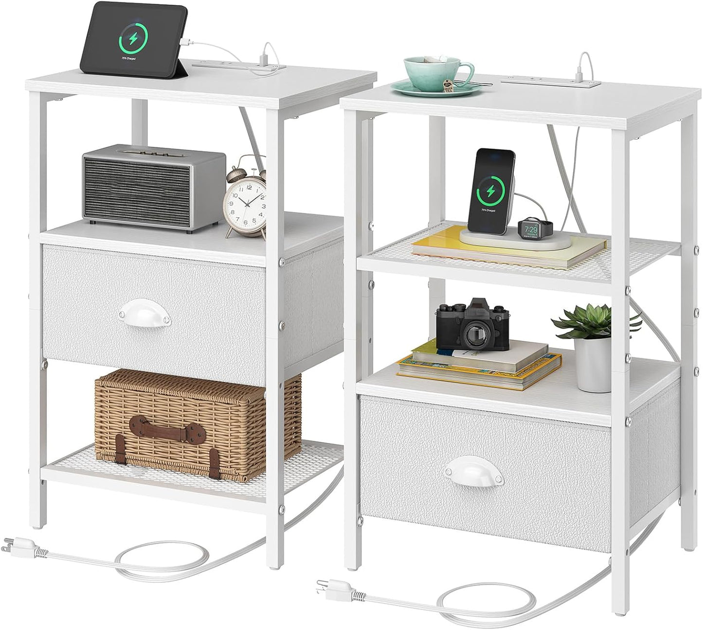 Nightstands Set of 2, Night Stands with Charging Station and Fabric Drawer PU Finish, Bedside Tables with Storage, 3 Tier Side Table with Open Shelf, Nightstands with Charging Station,White