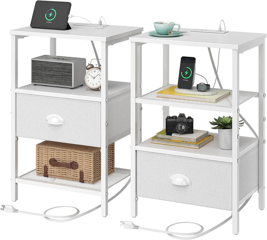 Nightstands Set of 2, Night Stands with Charging Station and Fabric Drawer PU Finish, Bedside Tables with Storage, 3 Tier Side Table with Open Shelf, Nightstands with Charging Station,White