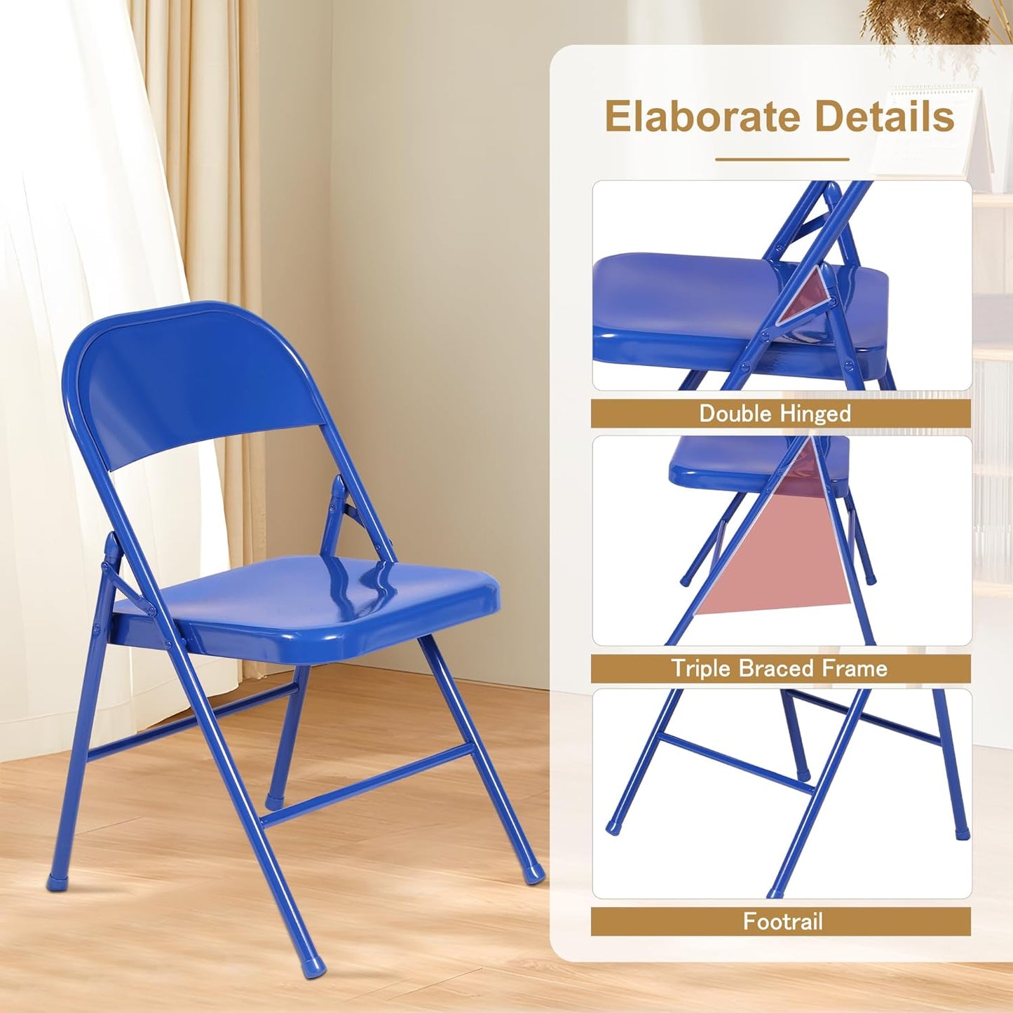 VECELO Metal Folding Chairs 4 Pack, Double Hinged Steel Frame Easy Foldable&Stackable for Office Kitchen Dinning Wedding Patio and Garden