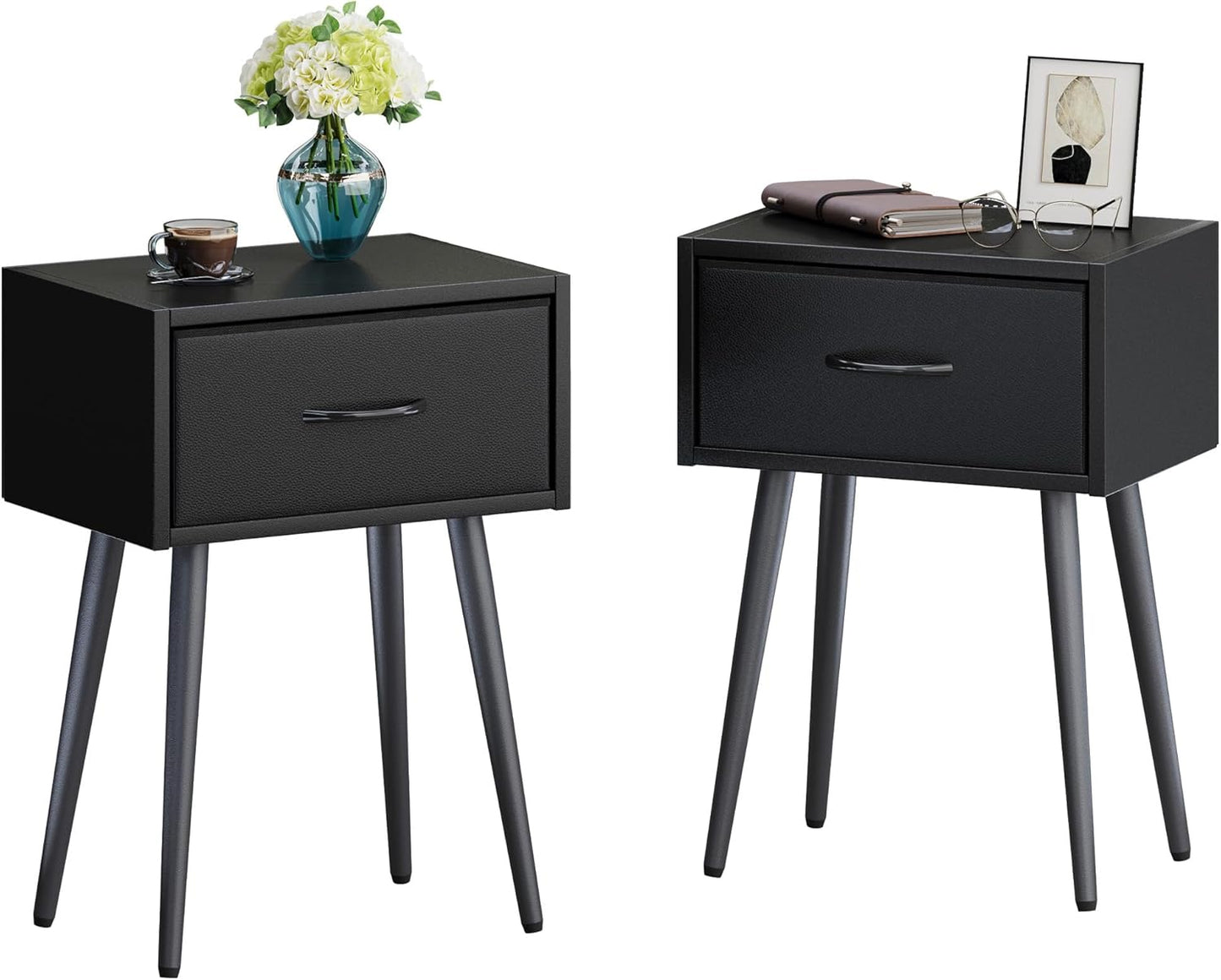 Black Nightstands Set of 2, Small Bedside Table with Fabric Drawer, Modern End Table with Metal Leg, Couch Side Table for Bedroom Living Room, Sofa, Office LNT504B