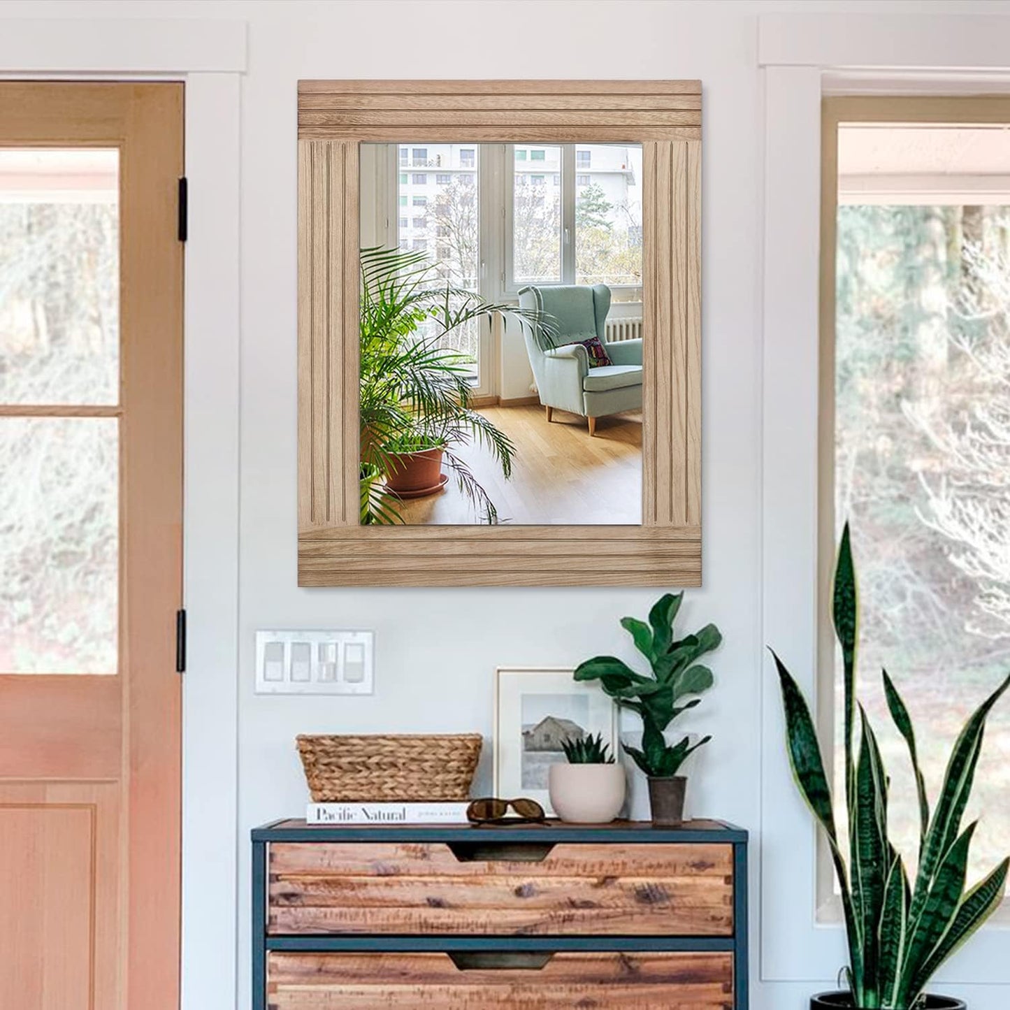 Rectangle Mirror Retro Wooden Wall-Mounted Mirrors Farmhouse Bedroom Bathroom Vanity Entrance Decorative Antique Hanging Mirror Large 26"x18"