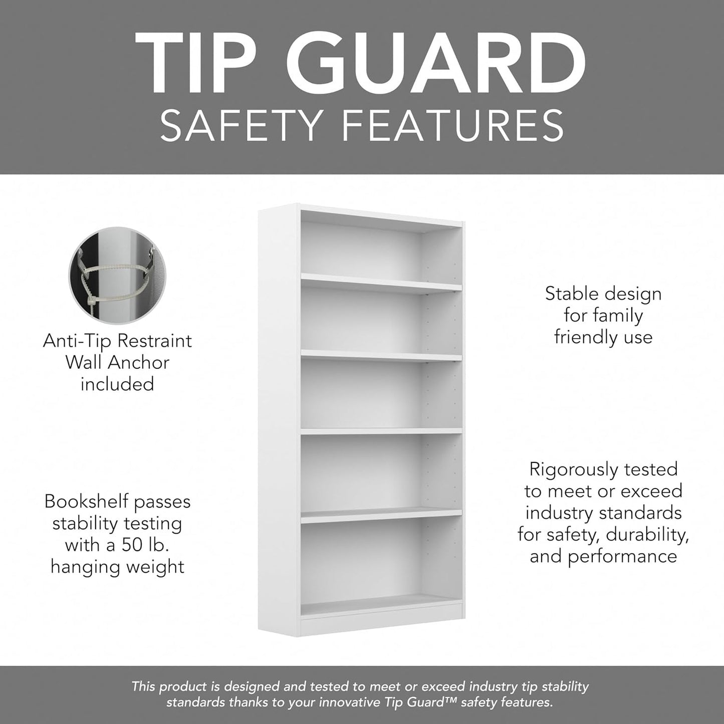 Bush Furniture Universal Tall 5 Shelf Bookcase in White, Vertical Storage and Display Bookshelf for Home Office or Living Room Organization