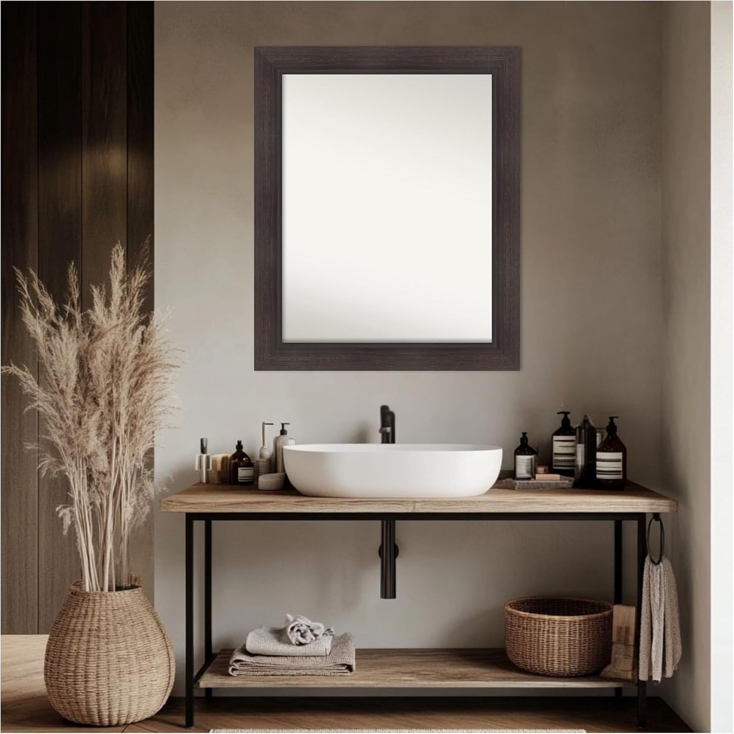 Amanti Art Brown Bathroom Mirror for Over Sink, 28x34 Sloped Espresso Rectangle Vanity Mirror, Large Modern Contemporary Frame, Hangs Horizonally and Vertically, Bathroom Wall Decor, Non-Beveled Edge