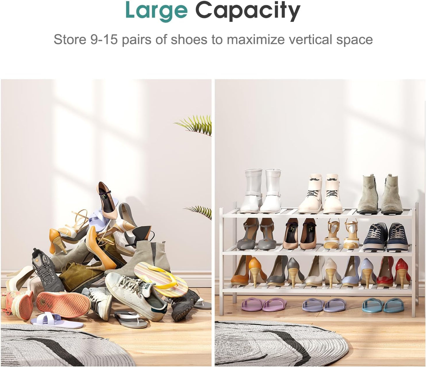 3-Tier Long Shoe Rack, Bamboo Wood Shoe Rack for Closet, Entryway & Hallway, Stackable White Shoe Shelf Storage Organizer for Indoor Outdoor