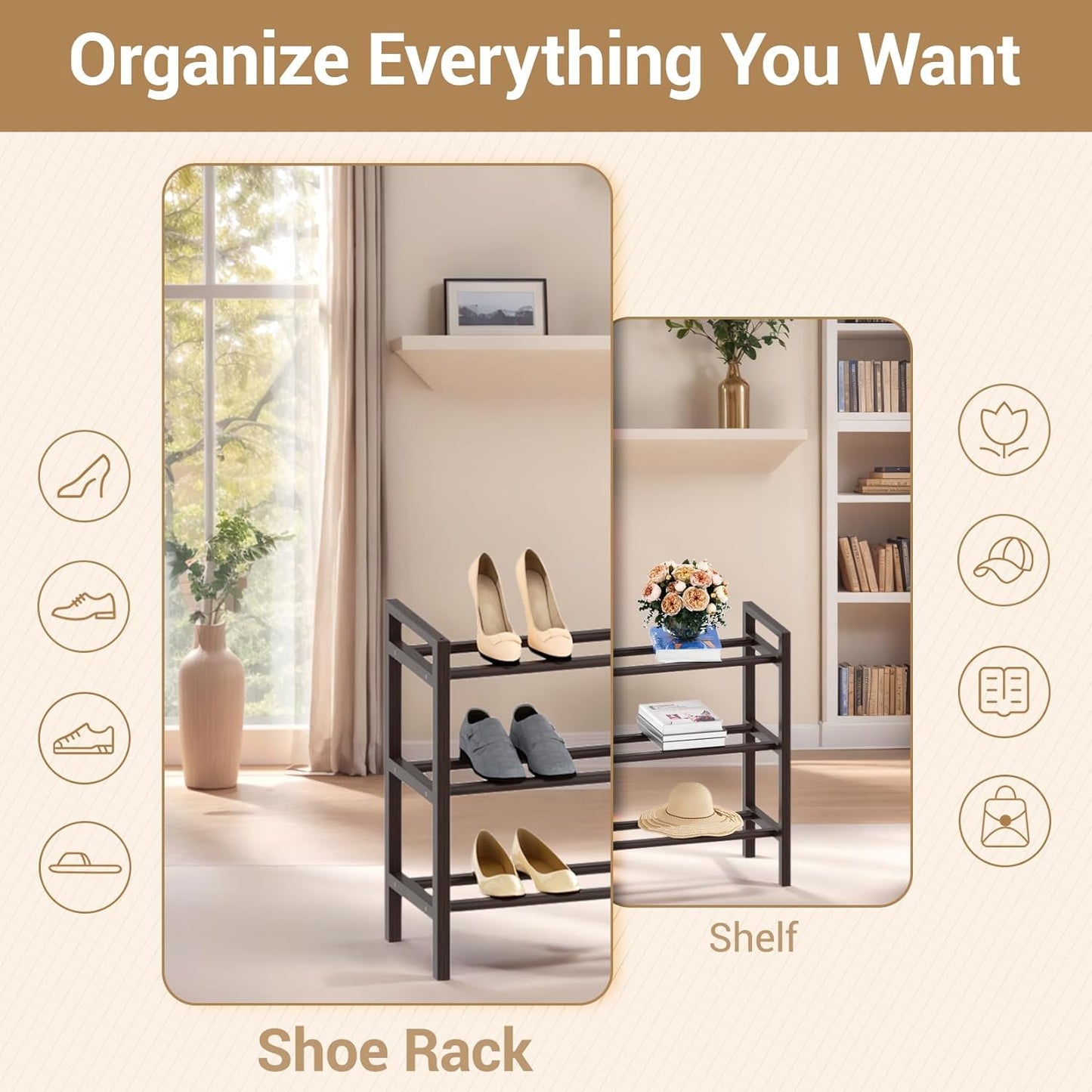 Haddockway Bamboo Shoe Rack for Closet, Free Standing Shoe Organizer with Smooth Round Rods & Convenient Handles, Stackable Shoe Storage Shelf for Entryway, Hallway(Brown, 3-Tier(Small))