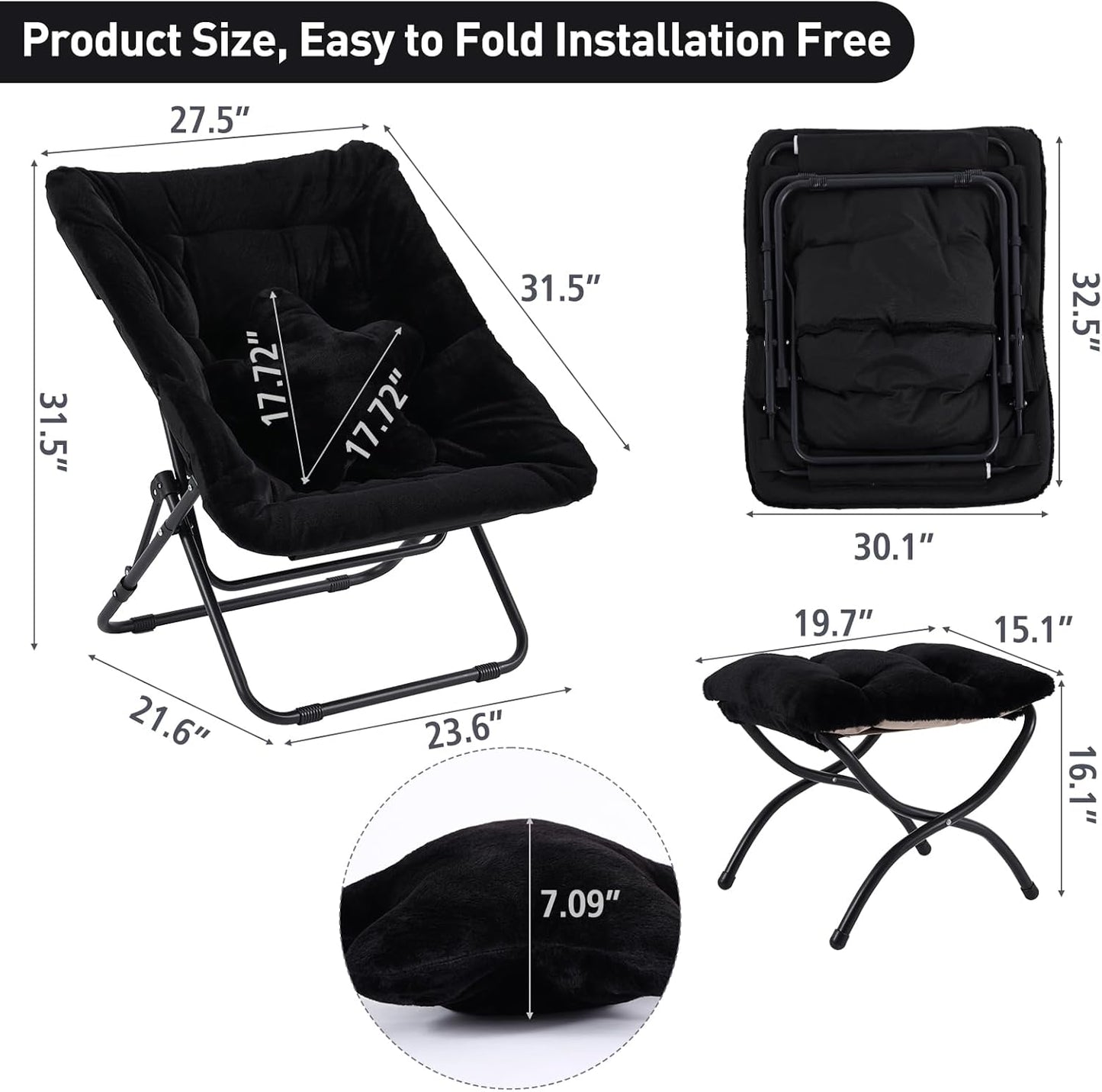 Welnow Comfy Saucer Chair with Ottoman, Oversized Folding Reading Chair for Adults with Throw Pillow Soft Faux Fur Lounge Chair for Bedroom Furry Accent Chair for Living Room, Dorm Rooms, Black