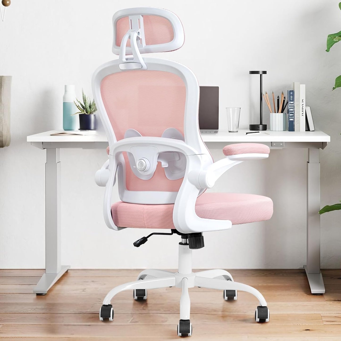 Ergonomic Office Chair,Ultra Thick Office Desk Chair with Adjustable Lumbar Support and Headrest,Spring Cushion,Rocking Function,Flip-up arms,Mesh Computer Chair for Home Office,Pink