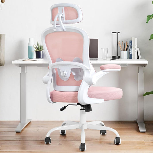 Ergonomic Office Chair,Ultra Thick Office Desk Chair with Adjustable Lumbar Support and Headrest,Spring Cushion,Rocking Function,Flip-up arms,Mesh Computer Chair for Home Office,Pink