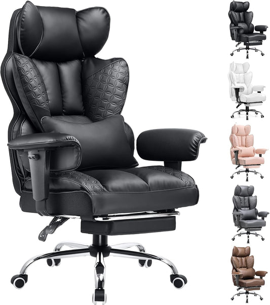 COMHOMA Big and Tall Office Chair 400LBS Wide Ergonomic Gaming Chair with Deluxe Embossing Leather with Foot Rest 150°Reclining Adjustable Armrests Pocket Spring Back Support and Without Pillow