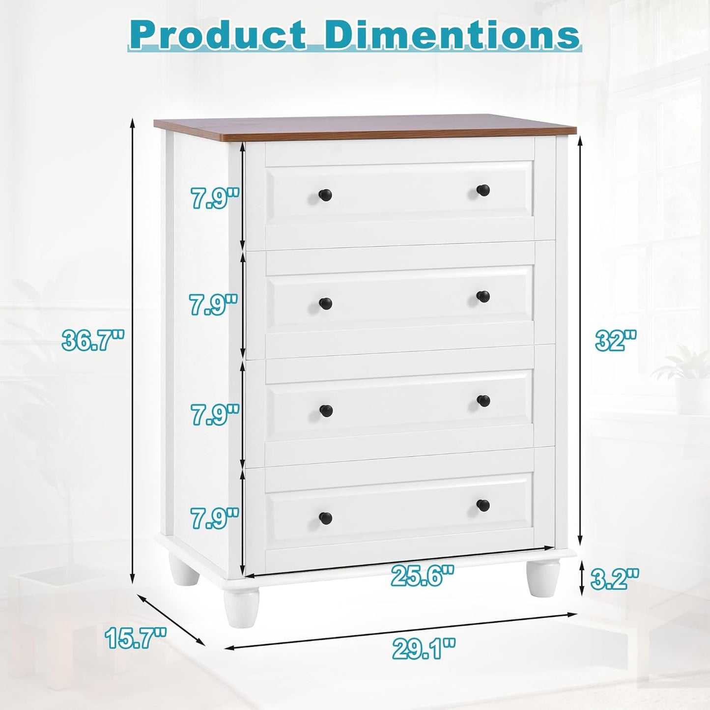 Farmhouse 4 Drawers Dresser for Bedroom, 29.1" Wide Wood Chest of Drawers with Metal Handle, Tall Storage Dressers Organizer for Bedroom, Living Room, Hallway, Ivory White