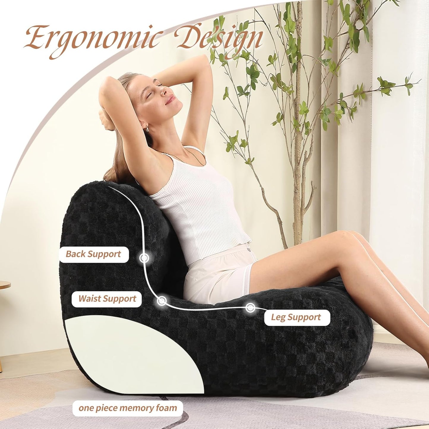 Bean Bag Chairs for Adults, Comfy Floor Sofa with Memory Foam, Giant Bean Bag Couch for Living Room Bedroom Dorm Office, Black