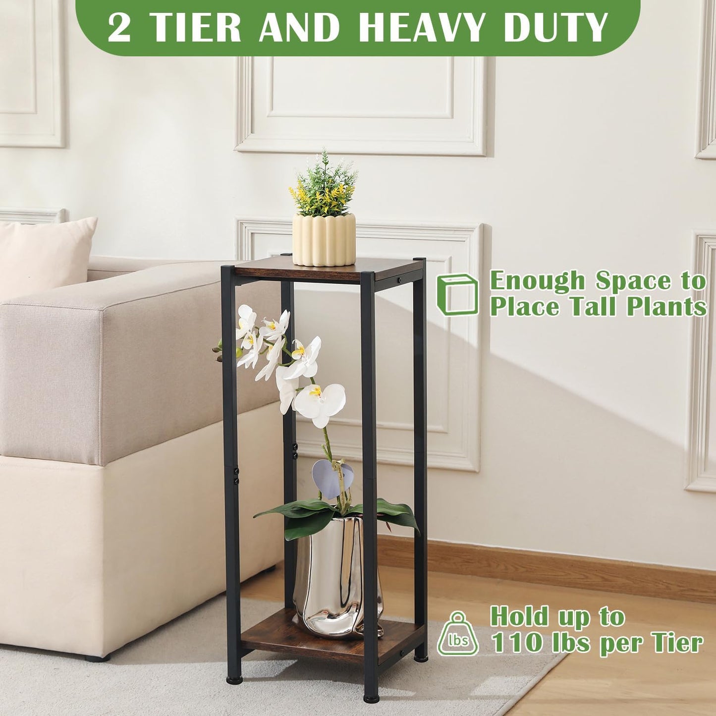 Tall Plant Stand Indoor,31 Inch Plant Stands,2 Tier Metal Plant Stand with Heavy Duty Wood,Rustic Brown and Black