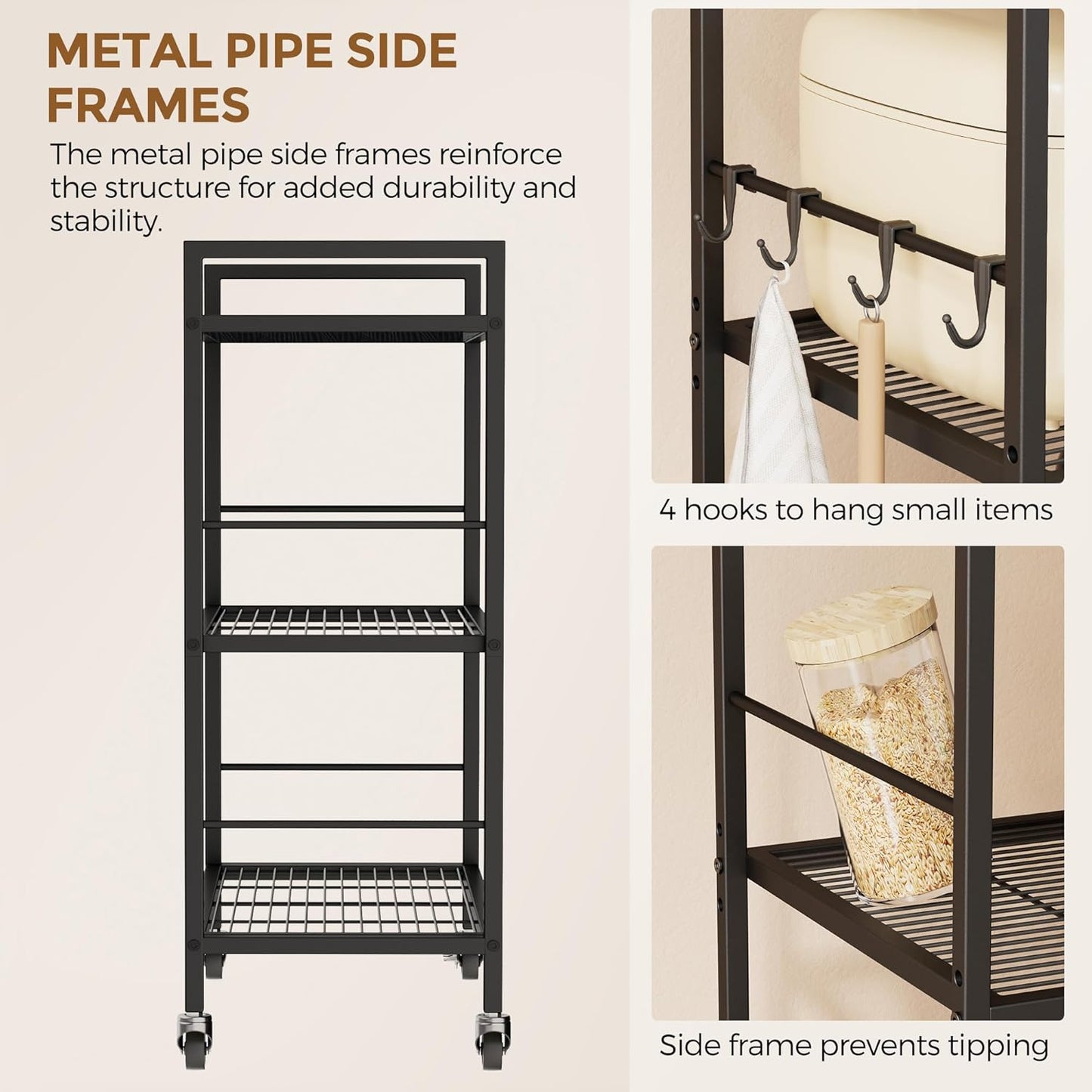 3-Tier Metal Storage Rack with Industrial Wheels,Mesh Shelving Unit with Wooden Table top,Adjustable Shelf,23.6-Inch Width,15.8-Inch Depth, for Kitchen, Laundry,Pantry,Plant,Black panel
