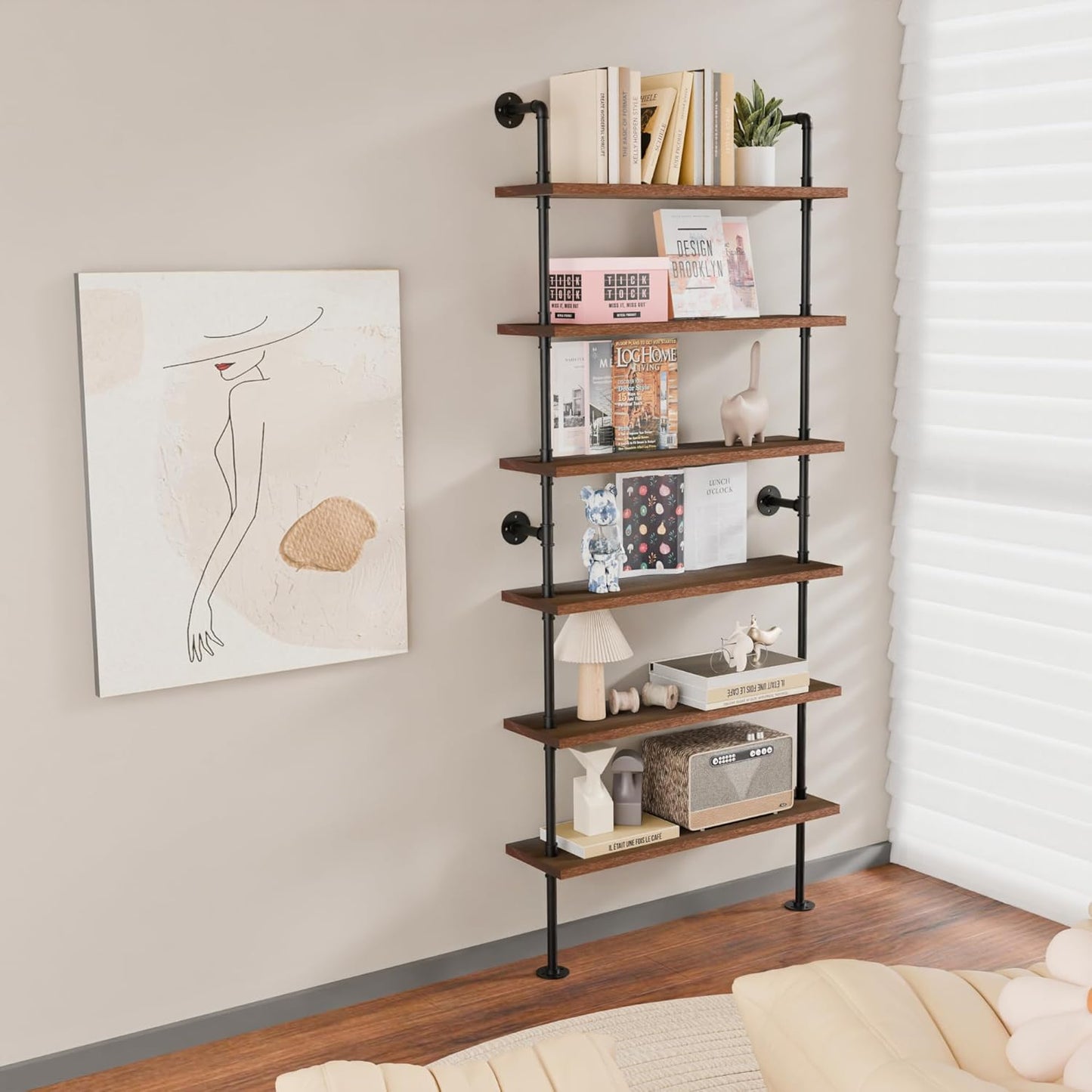 6 Tier Industrial Ladder Shelf Bookcase, Wall Mounted Rustic Bookshelf for Living Room Decor and Storage (Walnut Color, 6 Tier - 10" D x 36" W x 82.5" H)