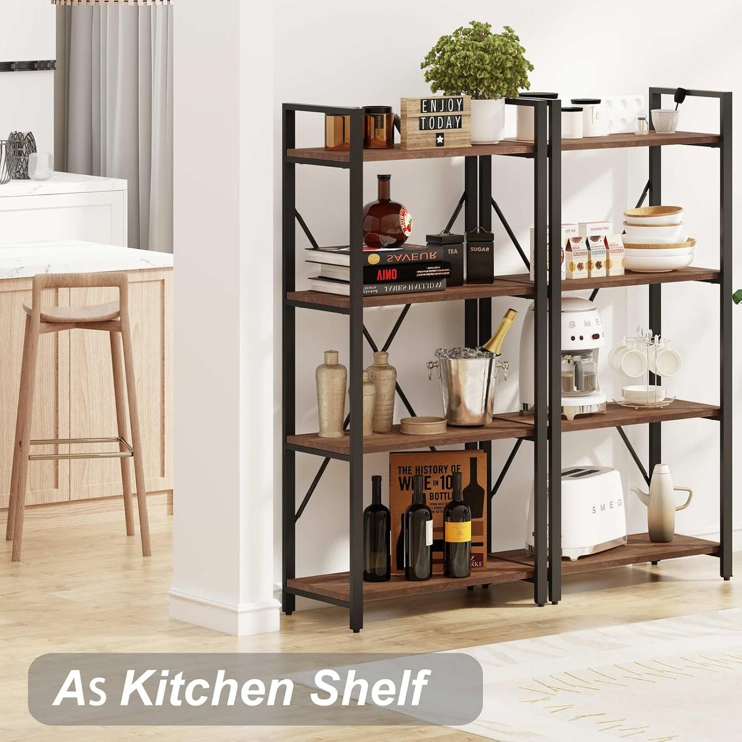 BON AUGURE Industrial 4 Tier Bookshelf, Modern Open Etagere Bookcase, Wood Metal Vintage Shelving Unit for Office Bedroom and Living Room, Heavy Duty Book Shelf (Rustic Oak)