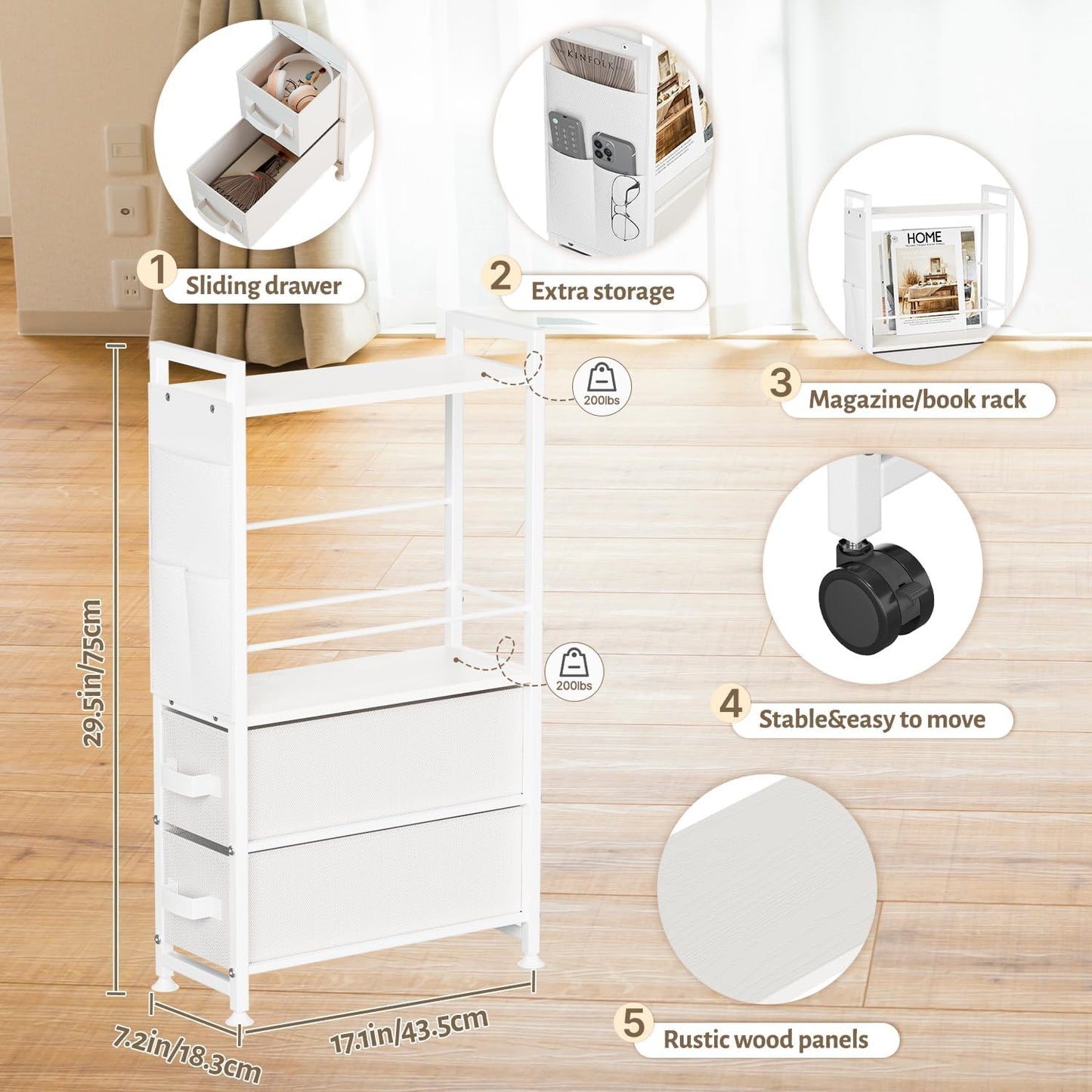 Small Narrow Side Tables for Small Spaces, Skinny Bedside End Table Nightstand with Drawers&Wheels, Slim Desk Stand Magazine Rack with Storage Bag for Sofa Living Room Couch Bedroom (White)