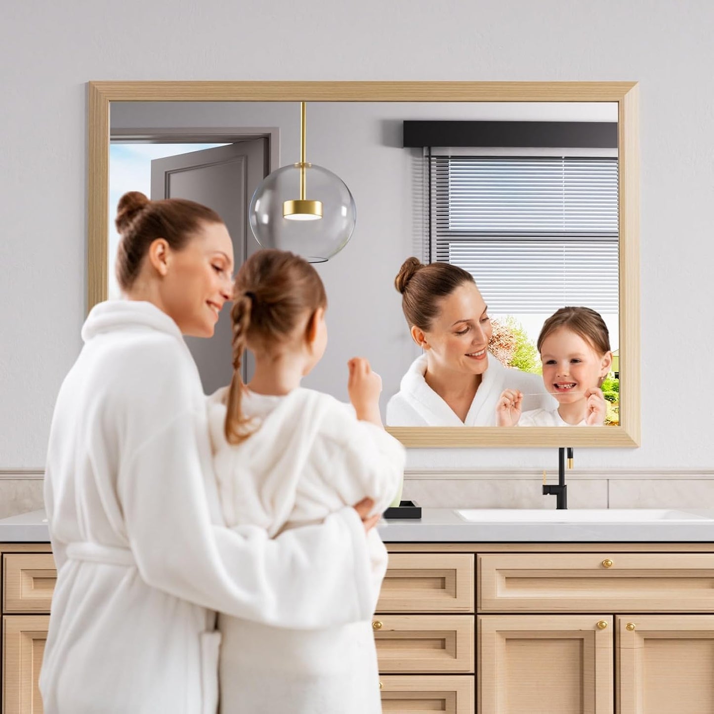 Amorho Bathroom Mirror, 60 X40 Inch Wall Mirror, Oak Wood Grain Metal Framed, Anti-Rust, Hang Horizontally/Vertically, Suitable for Bedroom, Farmhouse, Bathroom, Decorative