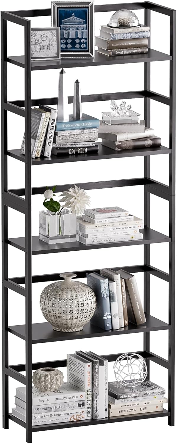 5-Tier Bamboo Wood Ladder Bookshelf, Tall Display Storage Shelf, Large Bookcase Modern Industrial Stand Organizer for Home, Office, Living Room, Kitchen, Bedroom, Black