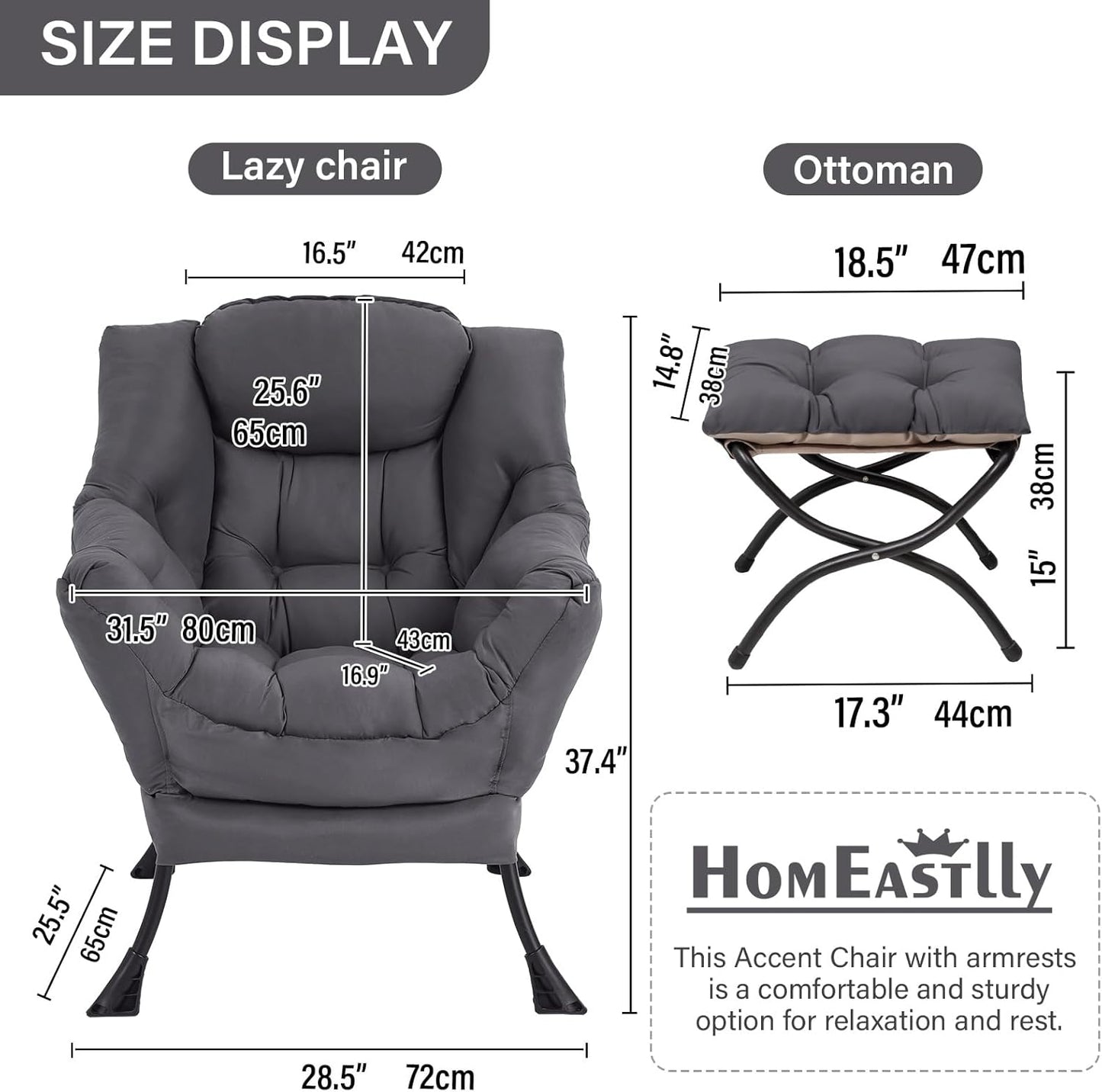 Lazy Chair with Ottoman, Reading Armchair with Armrests and Footrest, Large Modern Lounge Accent Chair with Ottoman, Leisure Sofa Chair for Living Room, Bedroom, Dorm Room (Dark Grey)