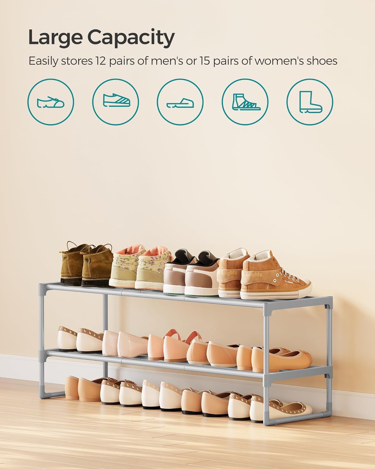 SONGMICS Shoe Rack, 2-Tier Shoe Organizer, Metal Storage Shelf, Upright or Upside Down, for 12-15 Pairs, Stackable, for Entryway, 11.8 x 36.2 x 13.4 Inches, Gray ULSA012G01