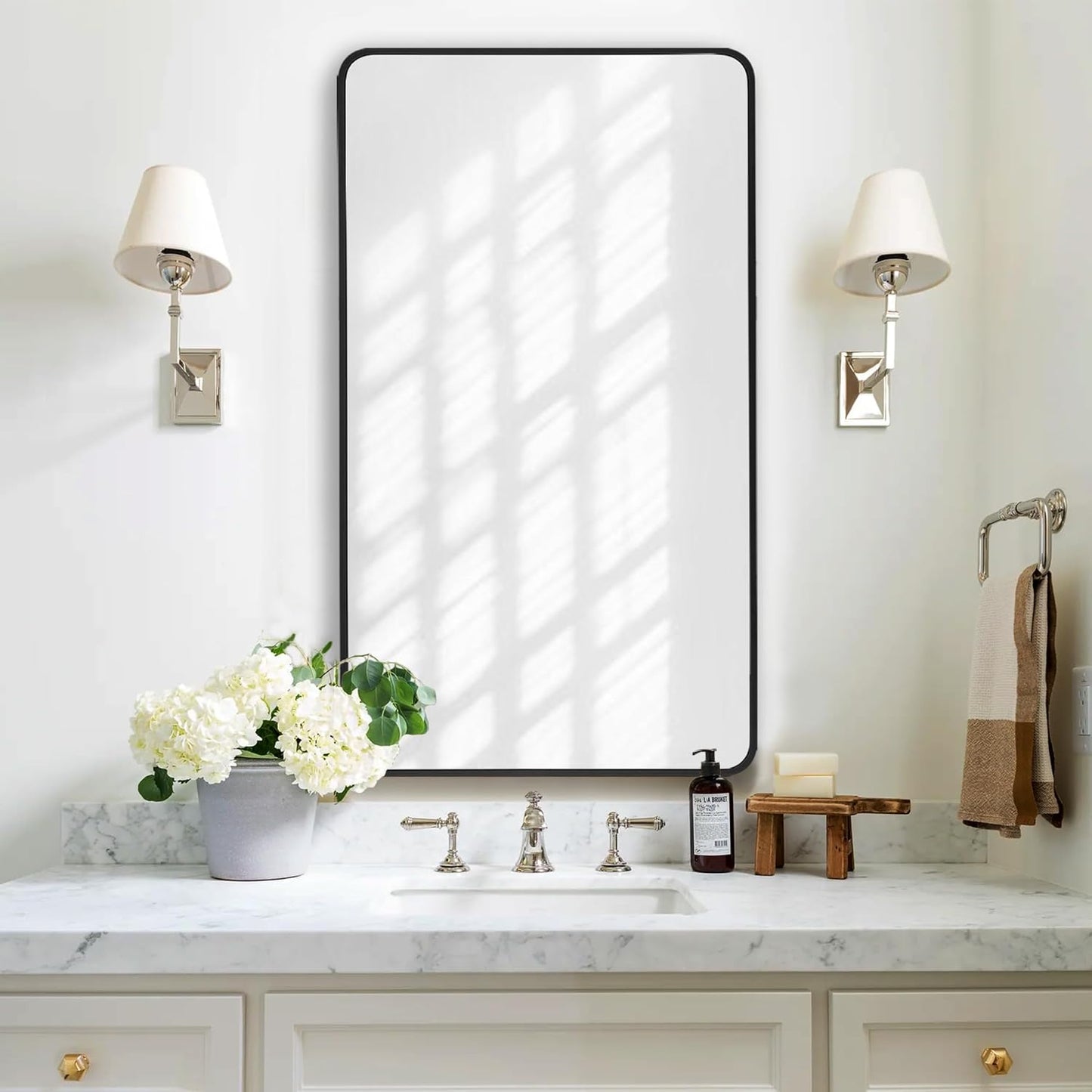 20x36 Inch Rectangle Bathroom Mirror with Black Metal Frame, Rounded Corner Rectangular Vanity Mirror for Wall, Modern Large for Bedroom, Living Room, Horizontal or Vertical