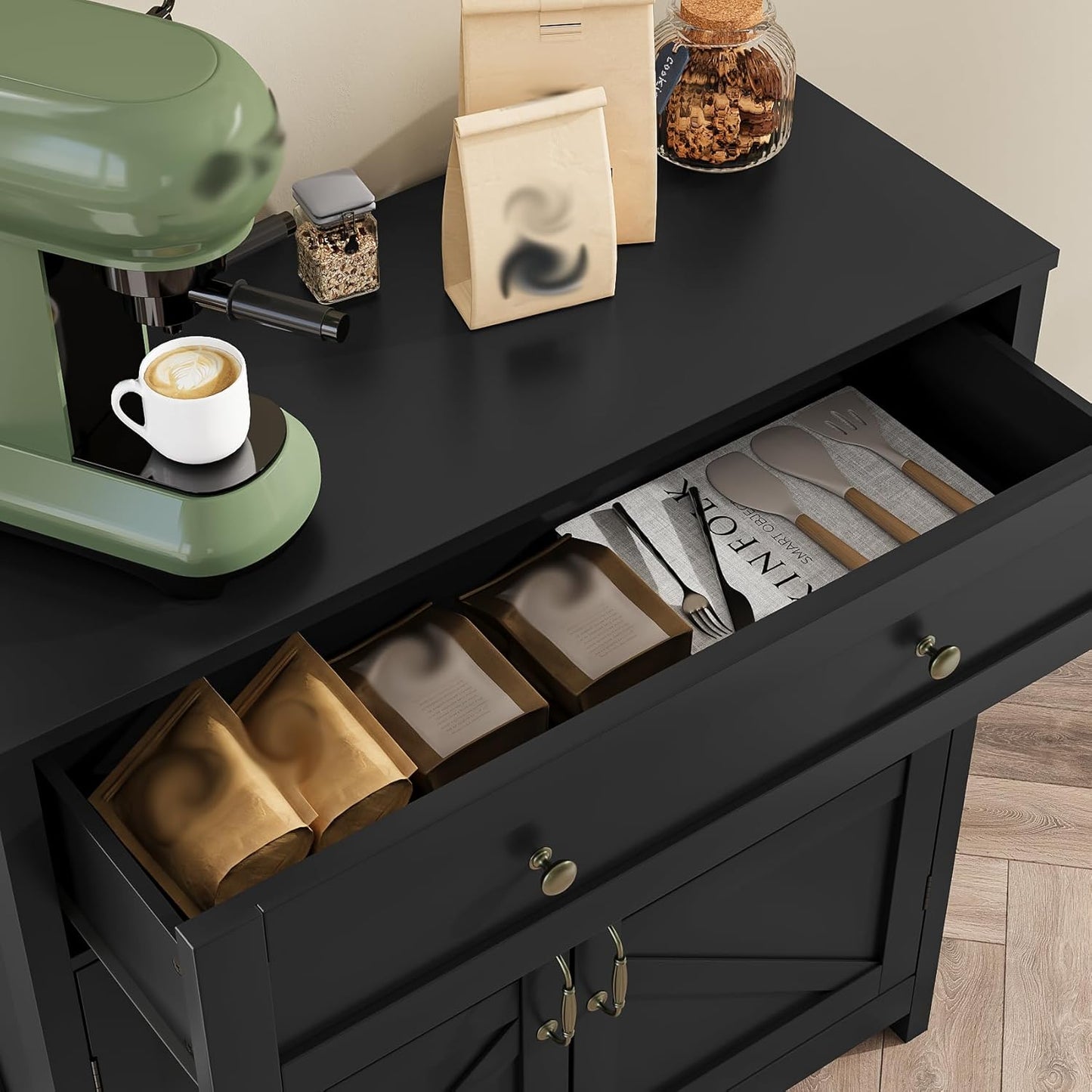 Buffet Sideboard with 2 Barn Doors,Black Kitchen Cabinet with Adjustable Shelf, Freestanding Floor Storage Cabinet