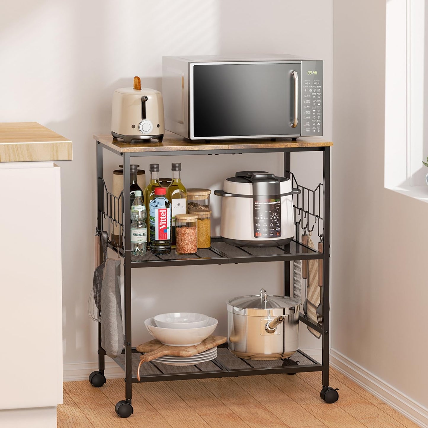 Rolling Kitchen Microwave Cart with Wheels, 3 Tier Microwave Storage Cart with Adjustable Shelves, Coffee Table, Utility Cart for Kitchen, Living Room, Office, Laundry Room