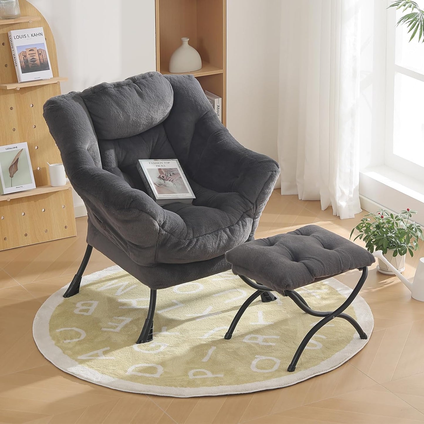 Oversized Chair with Ottoman, Modern Reading Chair, Lounge Accent Chair with Armrests and a Side Pocket for Small Space, Bedroom, Study, Living Room (Plush Dark Greyish Blue)