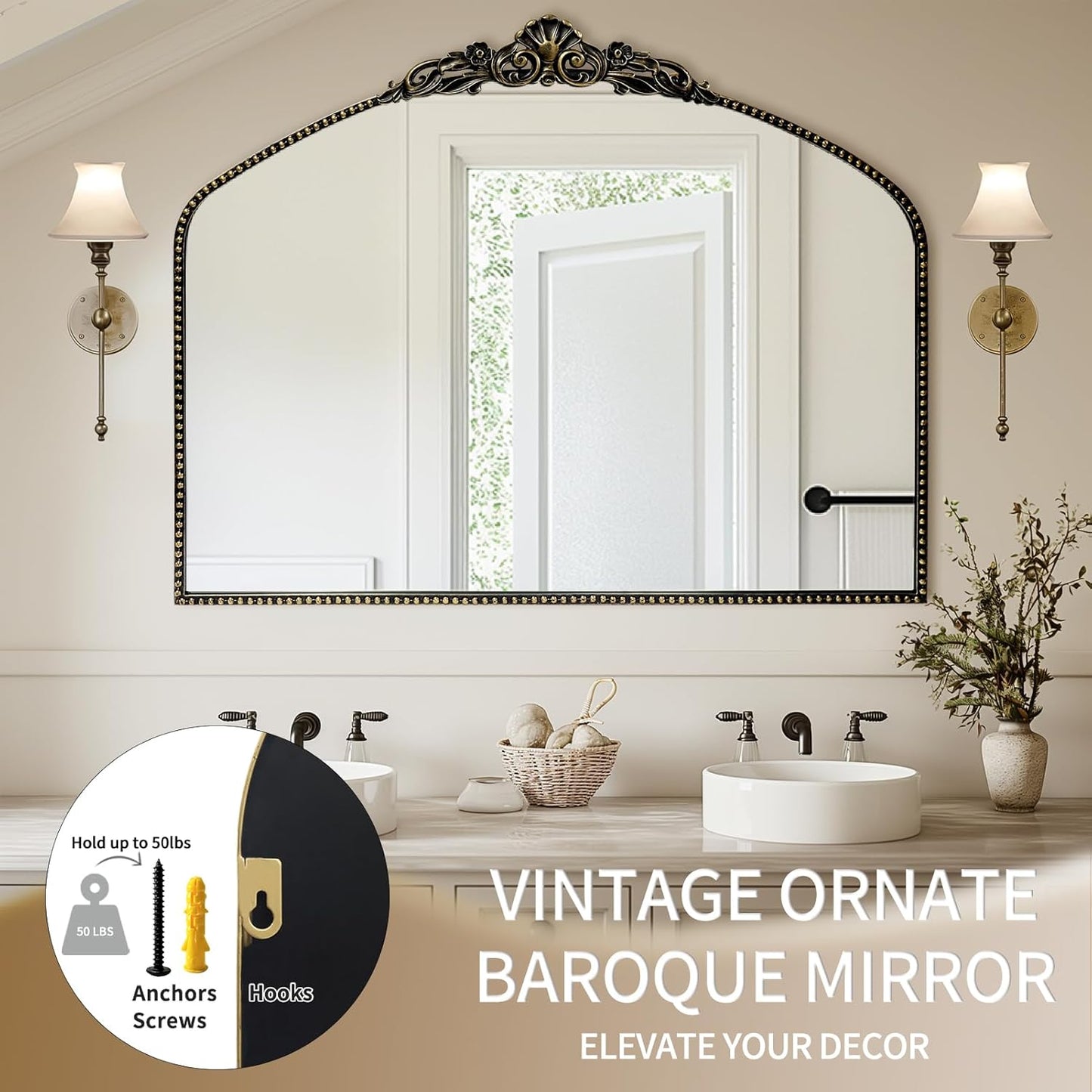 G-LEAF Vintage Baroque Mirror 40"X30",Victorian Antique Farmhouse Mantel Mirror with Black Brush Gold Ornate Metal Frame for Fireplace Entryway Living Room Hallway Bathroom