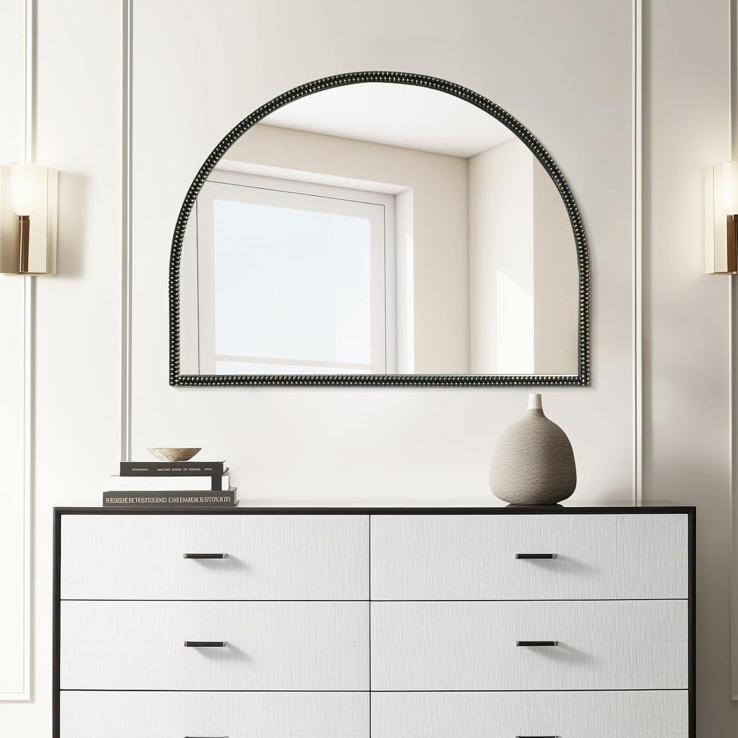 WallBeyond Black Vintage Mirror for Vanity 32x24 Inch, Gold Antique Mirror with Ornate Beaded Frame for Bathroom, Living Room, Fireplace, Entryway