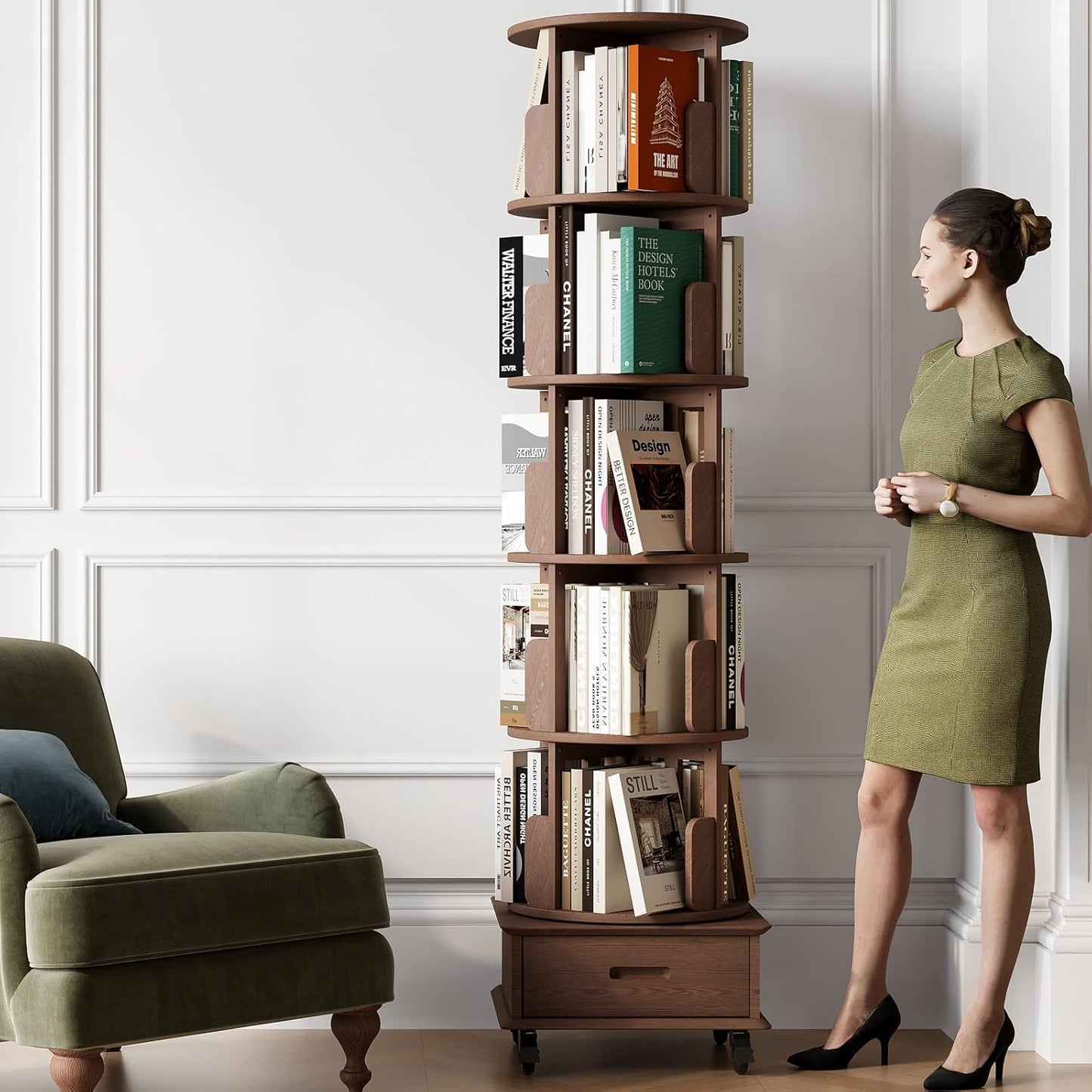 Solid Wood Rotating Bookshelf Tower on Wheels, 5-Tier Spinning Bookcase with Drawer, 72" Floor Standing Revolving Bookshelf, Rotating Bookcase for Small Space, Walnut