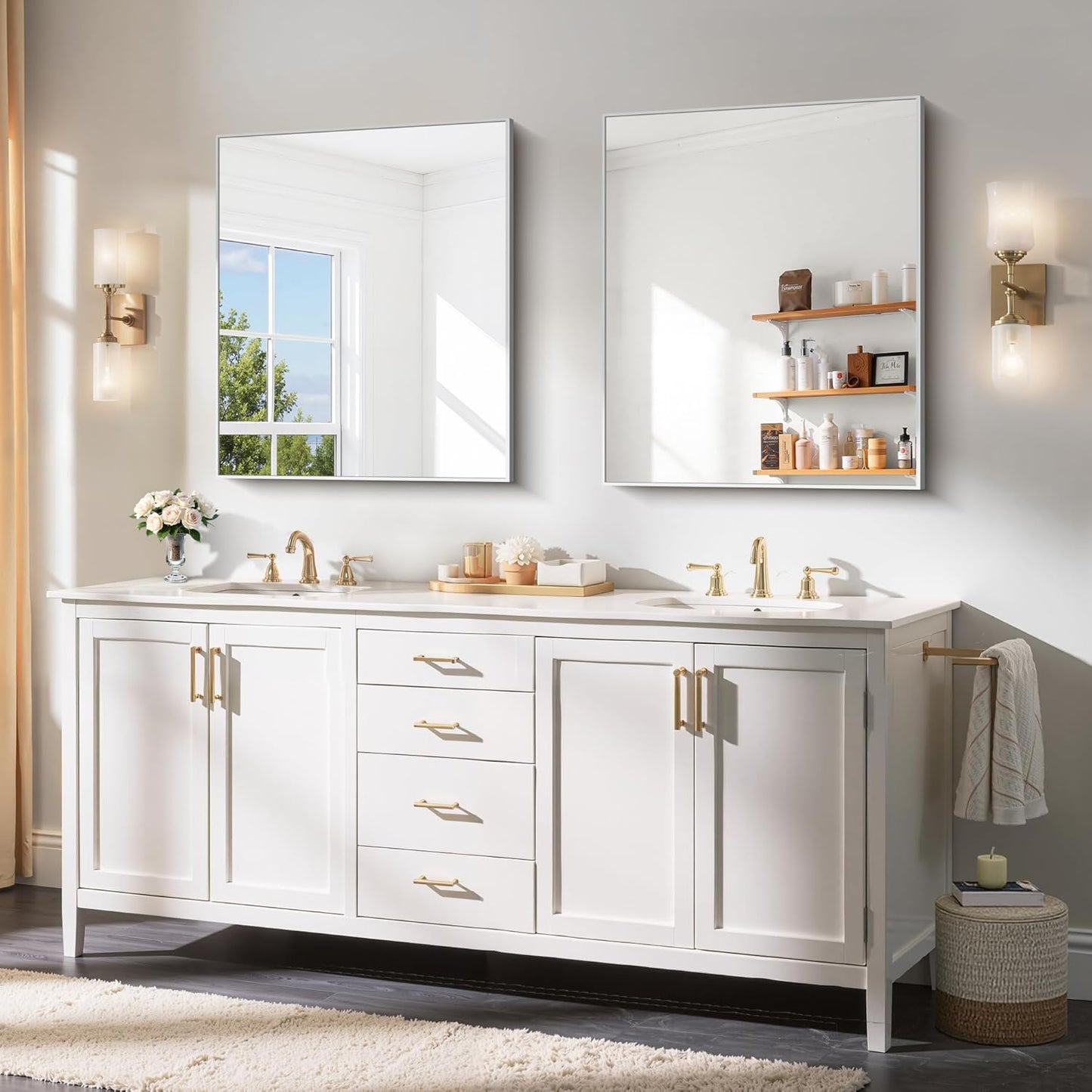 YIROMAN Bathroom Mirror 30"x36", Brushed Silver Bathroom Mirror for Over Sink with Aluminum Frame, Rectangular Vanity Mirror with Right Angles, Wall Mirror Hangs Horizontal or Vertical, Shatterproof