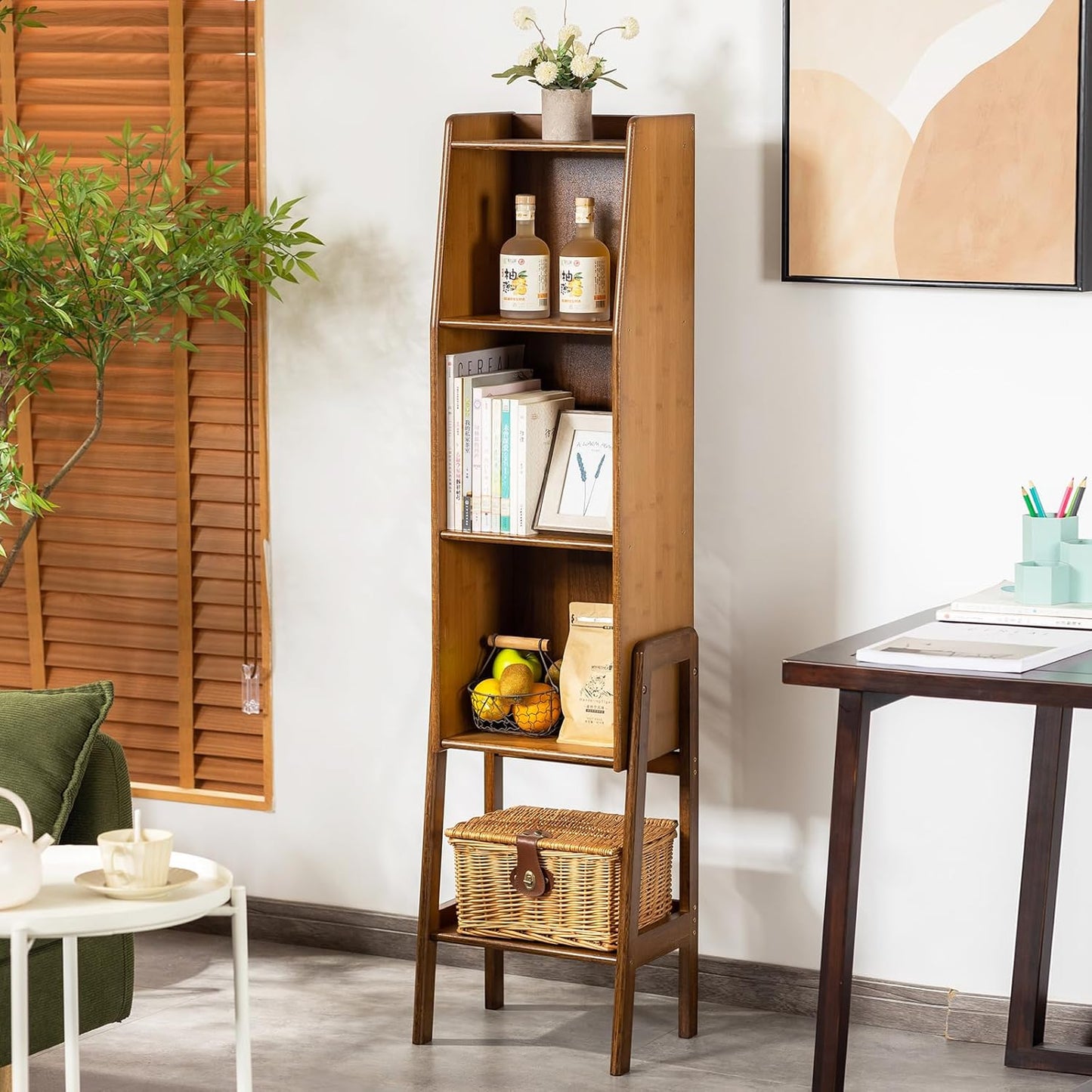 Welnow Bamboo Bookcase with Cabinet, Natural End Table with 3-Tier Storage Shelf, Modern Bedside Organizer Side Table for Bedroom or Living Room, Walnut Bookshelf with Open Space