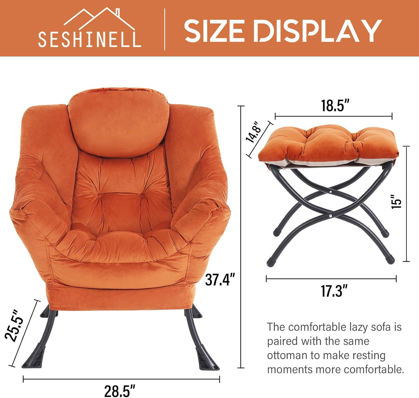 Lazy Chair with Ottoman, Modern Accent Chair Contemporary Lounge Leisure Sofa Chair with Armrests, Reading Chair and Folding Footstool Set for Living Room, Bedroom, Orange