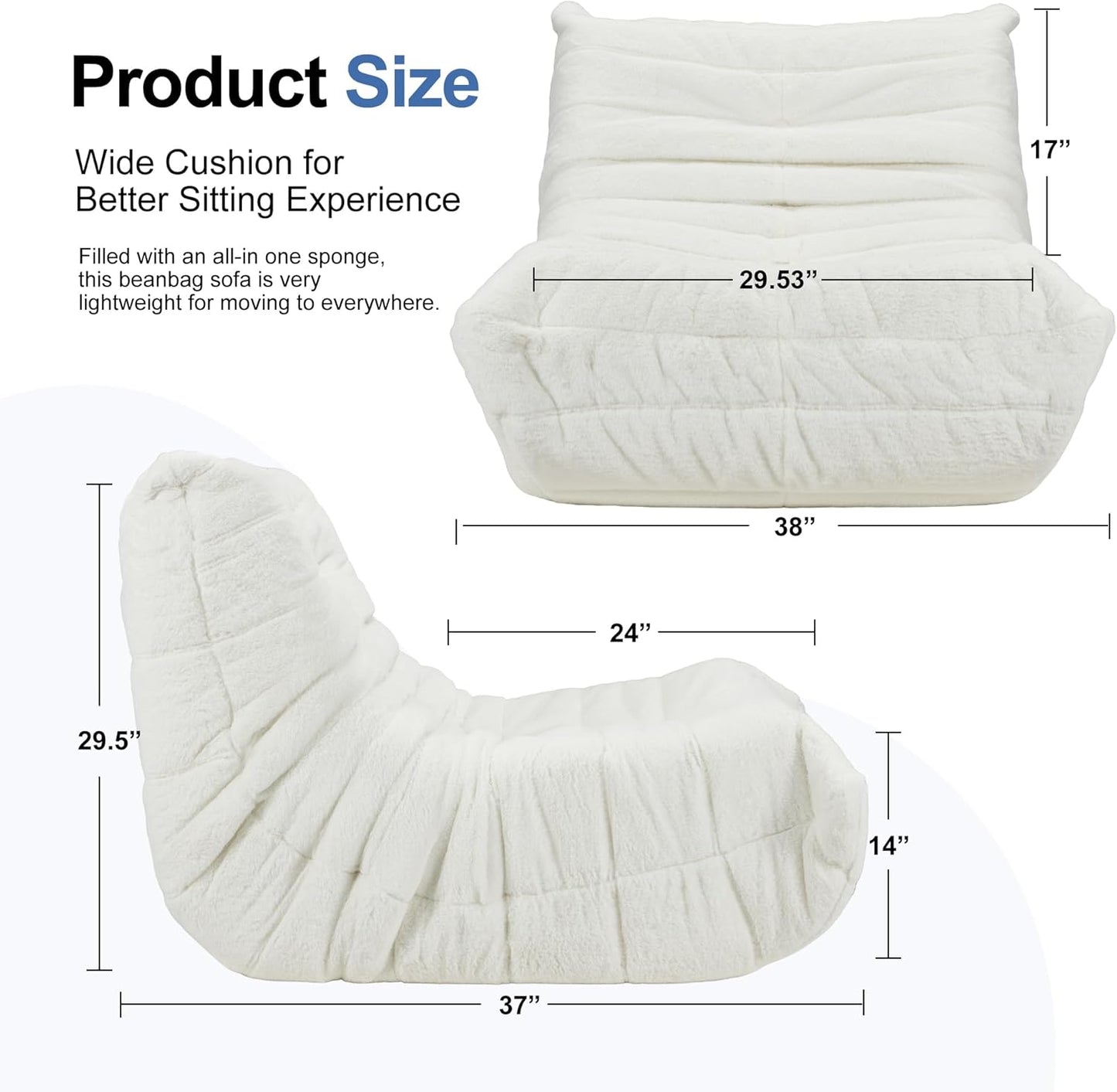 Bean Bag Chairs for Adults Giant Bean Bag Chair Memory Foam BeanBag Chair Big Bean Bag Sofa with Filler Faux Fur Fireside Beanbags Lazy Sofa for Living Room Bedroom Dorm Office (White Plush)