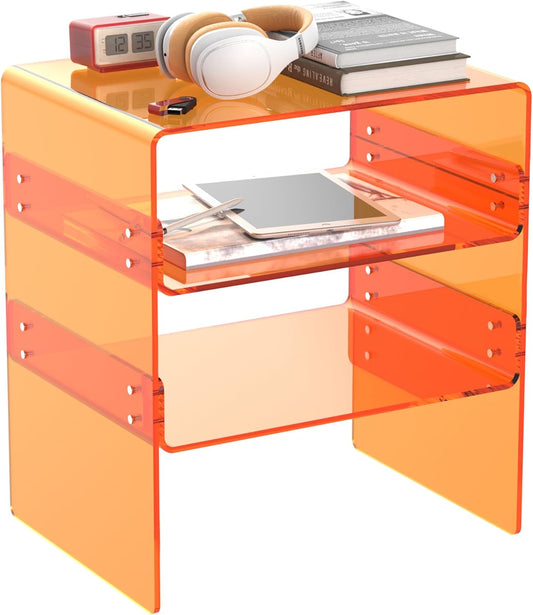 Acrylic 2-Tier Side Table with Storage Mini Modern End Table/Nightstand with Double Shelves for Bedroom, Living Room, and Bathroom Easy Assembly Orange