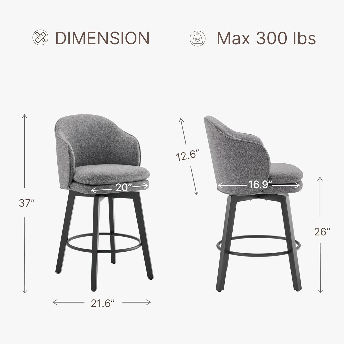 Counter Height Barstools 26 inch Upholstered Swivel Bar Stools with Back and Wood Legs for Kitchen Island,Set of 2,Dark Grey Fabric