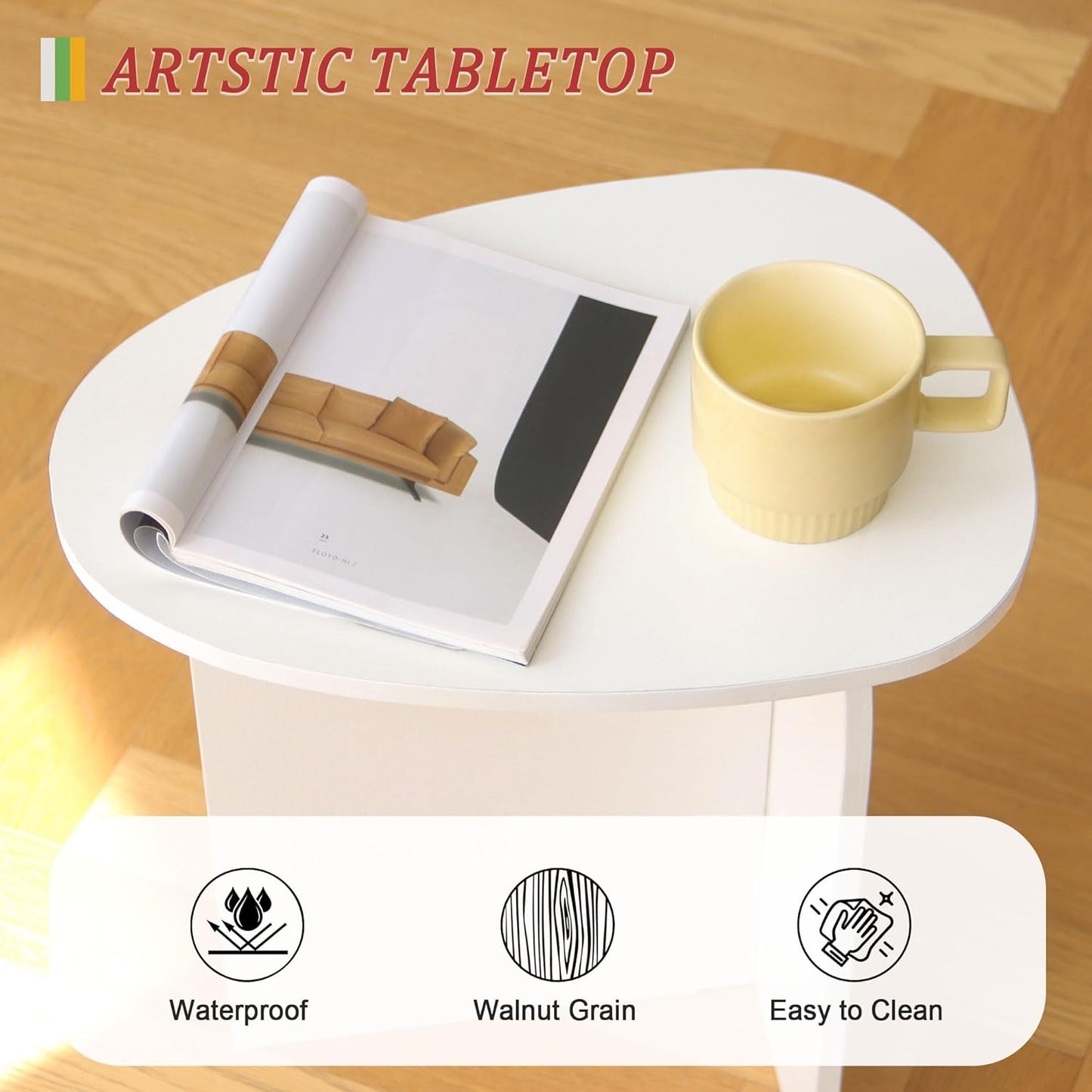 AWASEN White Side Table, Small Triangle End Table Living Room, Modern Accent Table with Unique Tabletop, Mini Bedside Table for Small Spaces, White