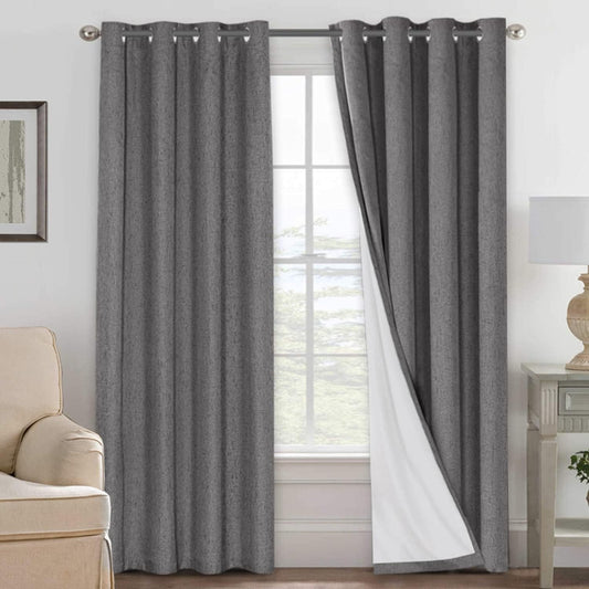 H.VERSAILTEX Linen Blackout Curtains 96 Inches Long 100% Absolutely Blackout Thermal Insulated Textured Linen Look Curtain Draperies Anti-Rust Grommet, Energy Saving with White Liner, 2 Panels, Grey