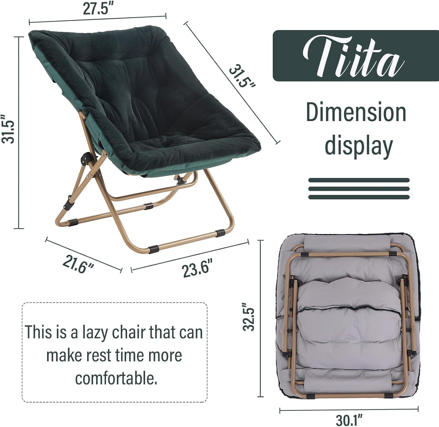 Tiita Comfy Saucer Chair, Soft Faux Fur Oversized Folding Accent Chair, Lounge Lazy Chair for Kids Teens Adults, Metal Frame Moon Chair for Bedroom, Living Room, Dorm Rooms